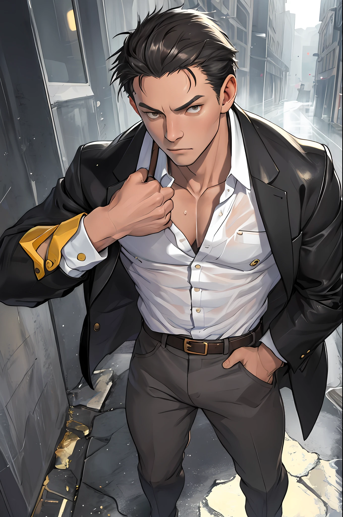 tmasterpiece，best qualityer，illustratio，Realisticstyle，photo realistic style，detail in face，offcial art，Movie lighting，1male people，white  shirt，Wear a tie，wearing leather belt，are standing，Close-up of the crotch，Crotch view，Drenched，Get wet， Solo ，Handsome，virile，Handsome face，［musculature］，Short hair，Gold eyes，looking at viewert