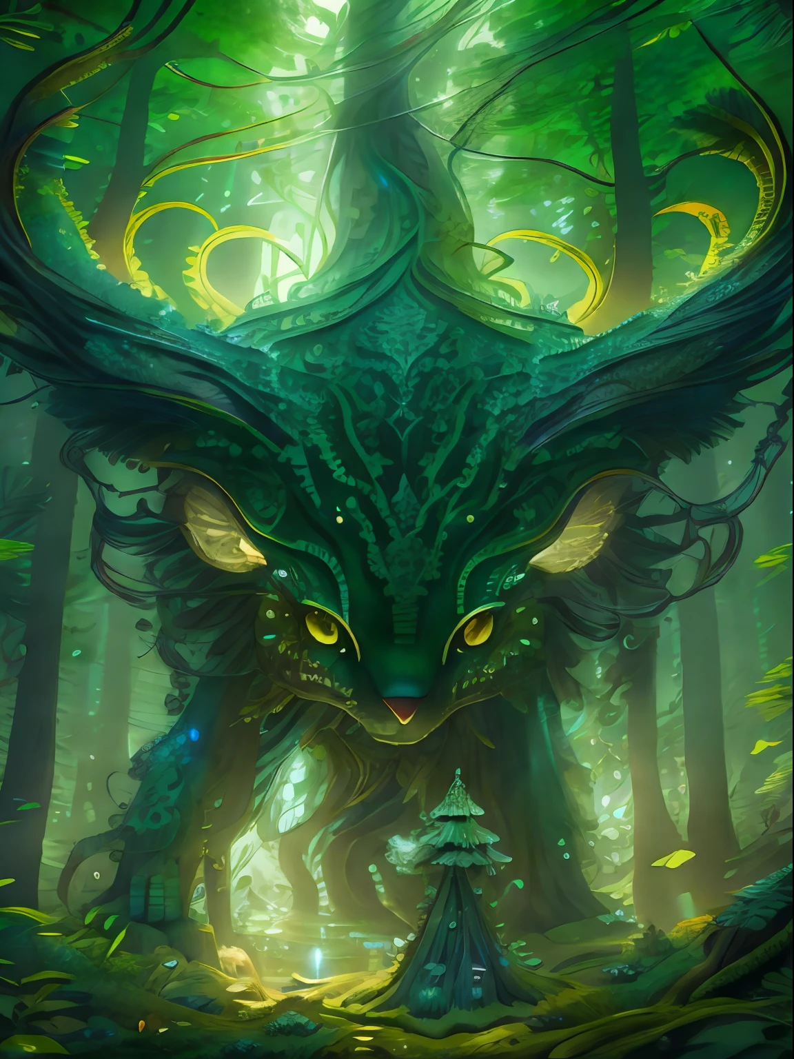 Dremley Carter, Huge 3D magic monsters and magic rays,Glowing eyes,volumettic light,Magic - Fantasy - Forest, Digital art, The most stunning artwork in the world, ((No Man)), Soft and balanced colors, forest scenery, hyper HD, 8k 辛烷值渲染, magical, Amazing, Ethereal, intricatedesign,ultrasharp, Shadows