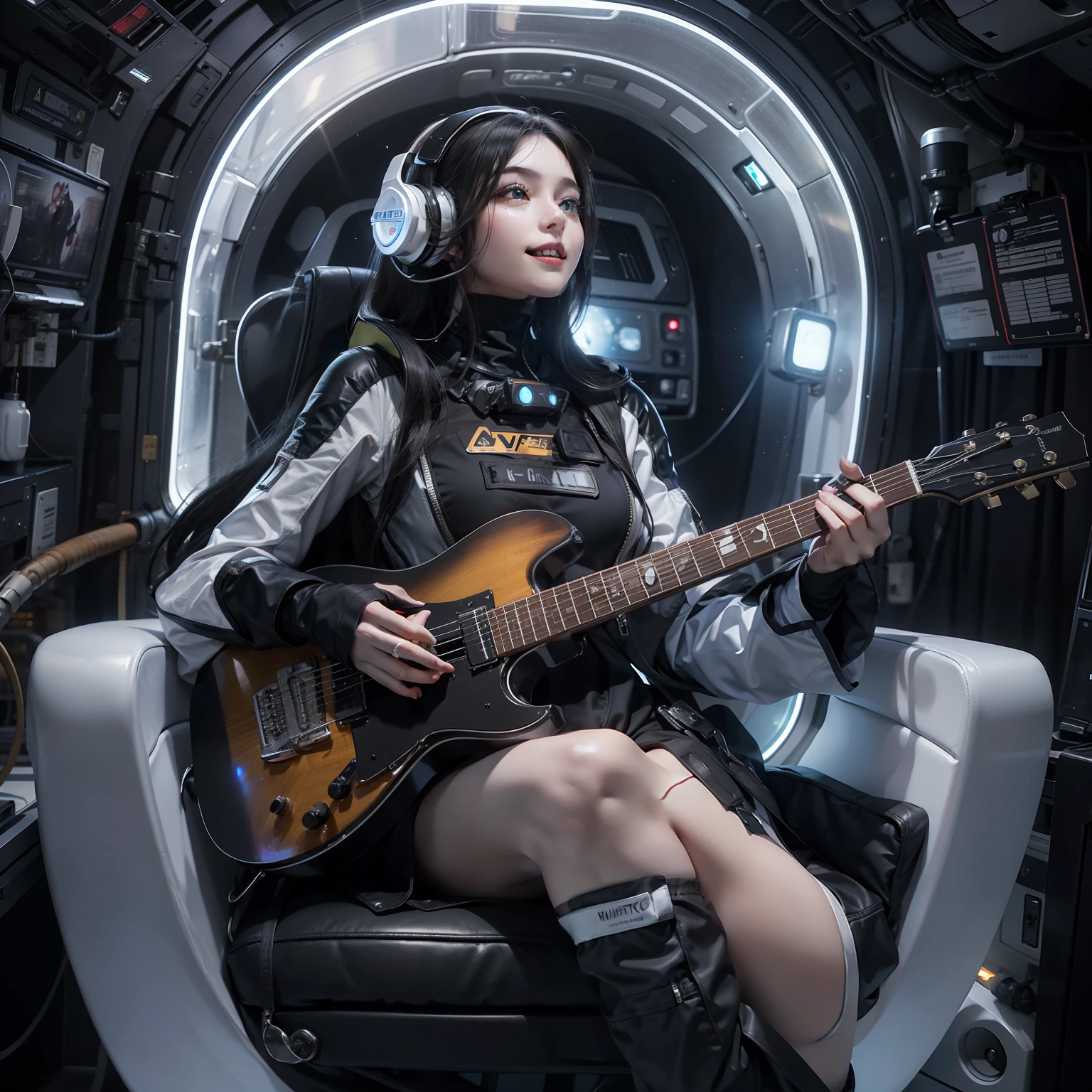 Enchanted woman happy to raise her hand　Perfect beauty　Beautiful white skin　Beautiful eyes　Lustrous lips　lovely smile　Wearing a thin black spacesuit that sticks to the body　holding an electric guitar　Sitting on a chair　Functional　head phone　Inside the spacecraft