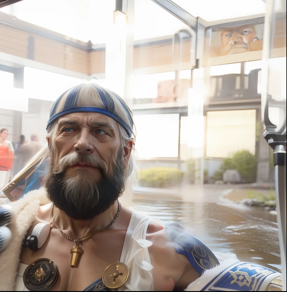 dark theme, ultra resolution, hyper realistic, hdr, absyrdres, cinematic shot, vignette, centered, short DOF, a closeup portrait of an old man, Scandinavian, looking at camera, blue old eyes, short white hair, one braided hair curl, white VIKING BEARD, missing teeth, narrow face dark skin, wide shoulders, weathered by sun and sat water, royal doublet with gold patterns, royal chambers camera focus on an eye, high focal length, dslr, 200mm lens, photo by Cristina Otero, dark studio, rim lighting, two tone lighting, dimly lit, low key, backlight,