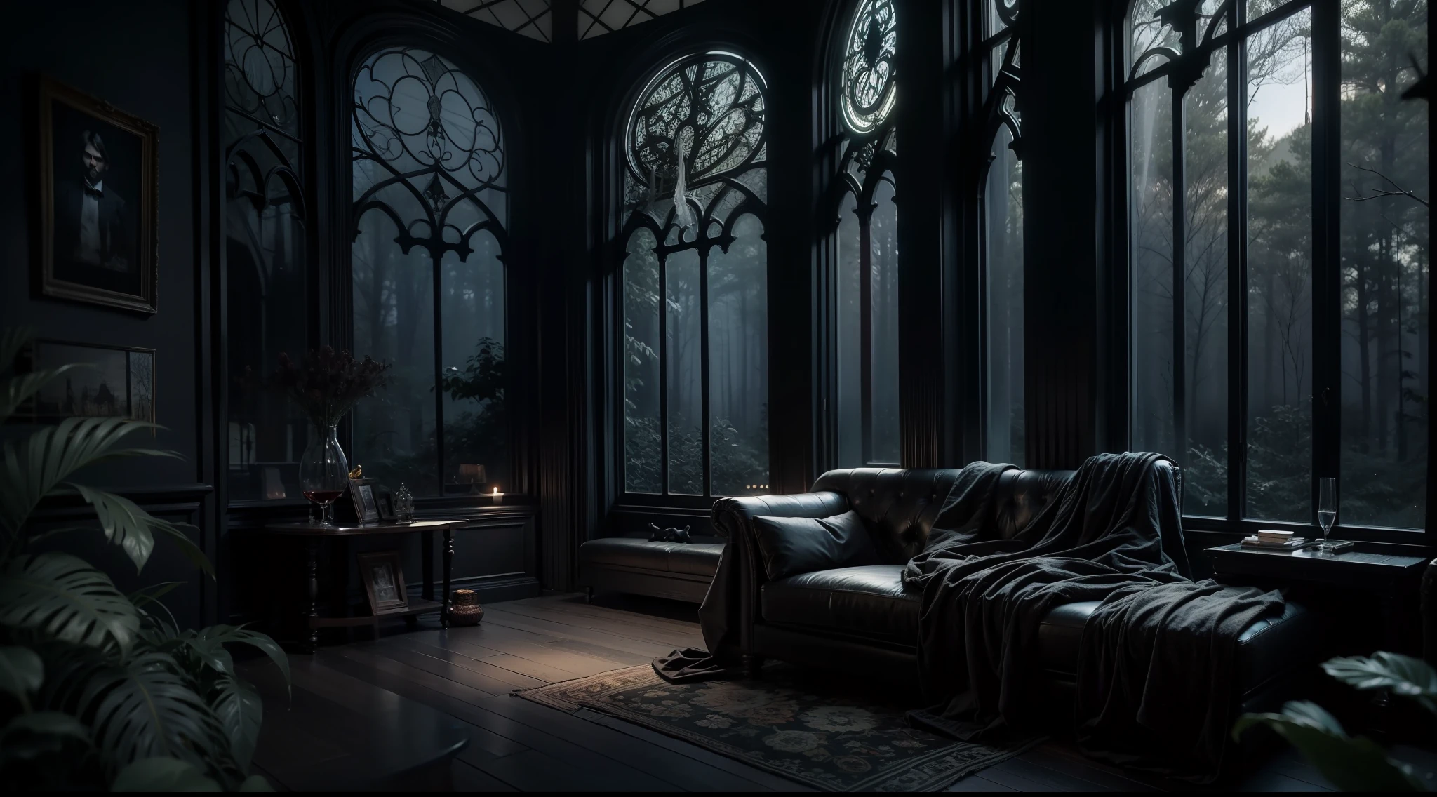 a dark night、Western-style living room deep in a dark and mysterious forest、relax、 interior architecture, Gothic art, Verism, One-person viewpoint, From the outside, canon, Super Detail, High quality, hight resolution, 8K, Best Quality