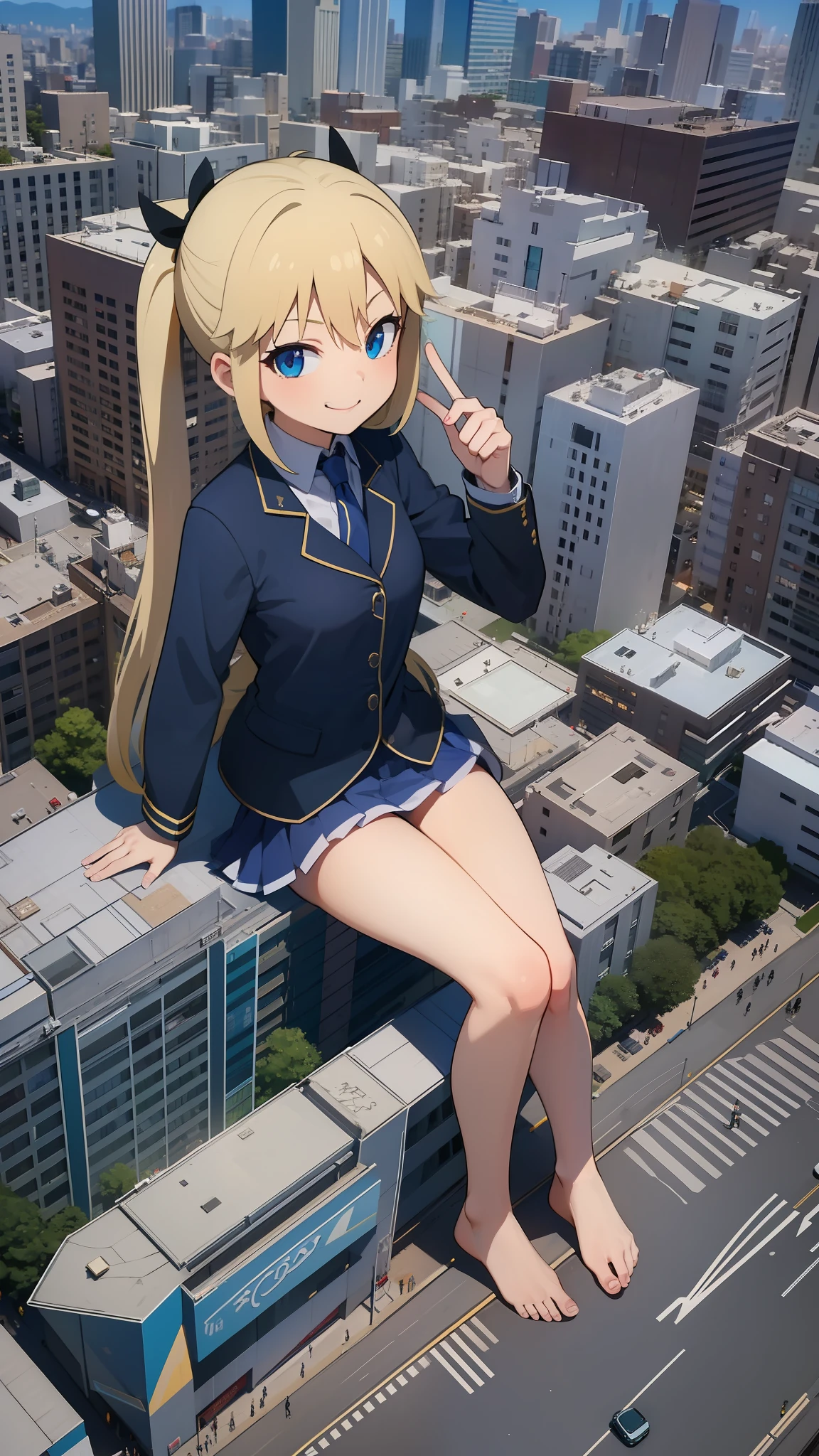 hiquality, tmasterpiece (One girl Loli Hidal) blonde hair with two long ponytails and a rizinka on the ponytails, blue eyes, canny smile, panty, bare feet. Against the backdrop of street mourning for the city in the park. giantess. The city. building