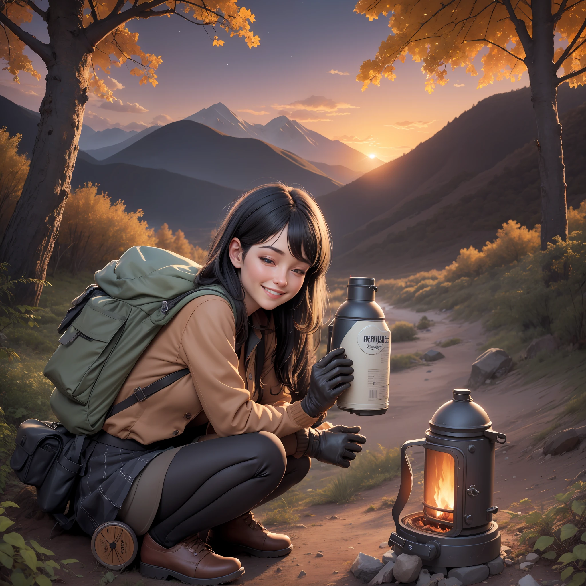 1 woman, black hair, skirt, cold blouse ((full body, crouching, smiling, happy)), masterpiece, best quality, perfect eyes, perfect hands, perfect legs, ultra-detailed, solo, outdoor, (sunset), mountains, nature, (stars, cloud) cheerful, happy, backpack, sleeping bag, camping stove, water bottle, tennis, gloves, flashlight, forest, stones, river, wood, smoke, shadows, contrast, style, (warm hue, warm tone: 1.2), cinematic light, side lighting, ultra high resolution, best shade, RAW, wooden house, campfire