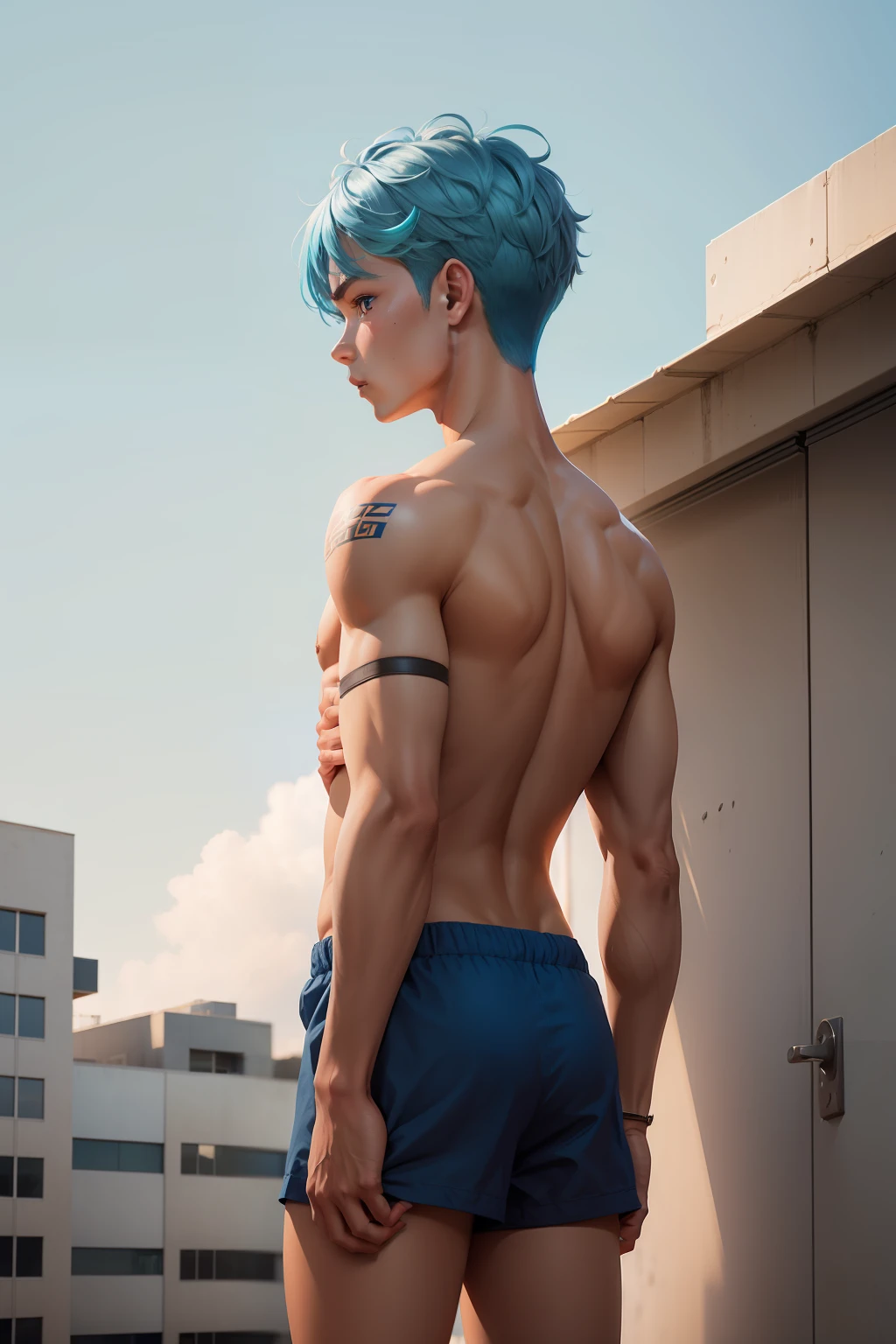 Standing looking if back shirt tan skin is 14 year old male copper skin to a nearby city is on the roof of the school has 14 years blue hair blue eyes male gender