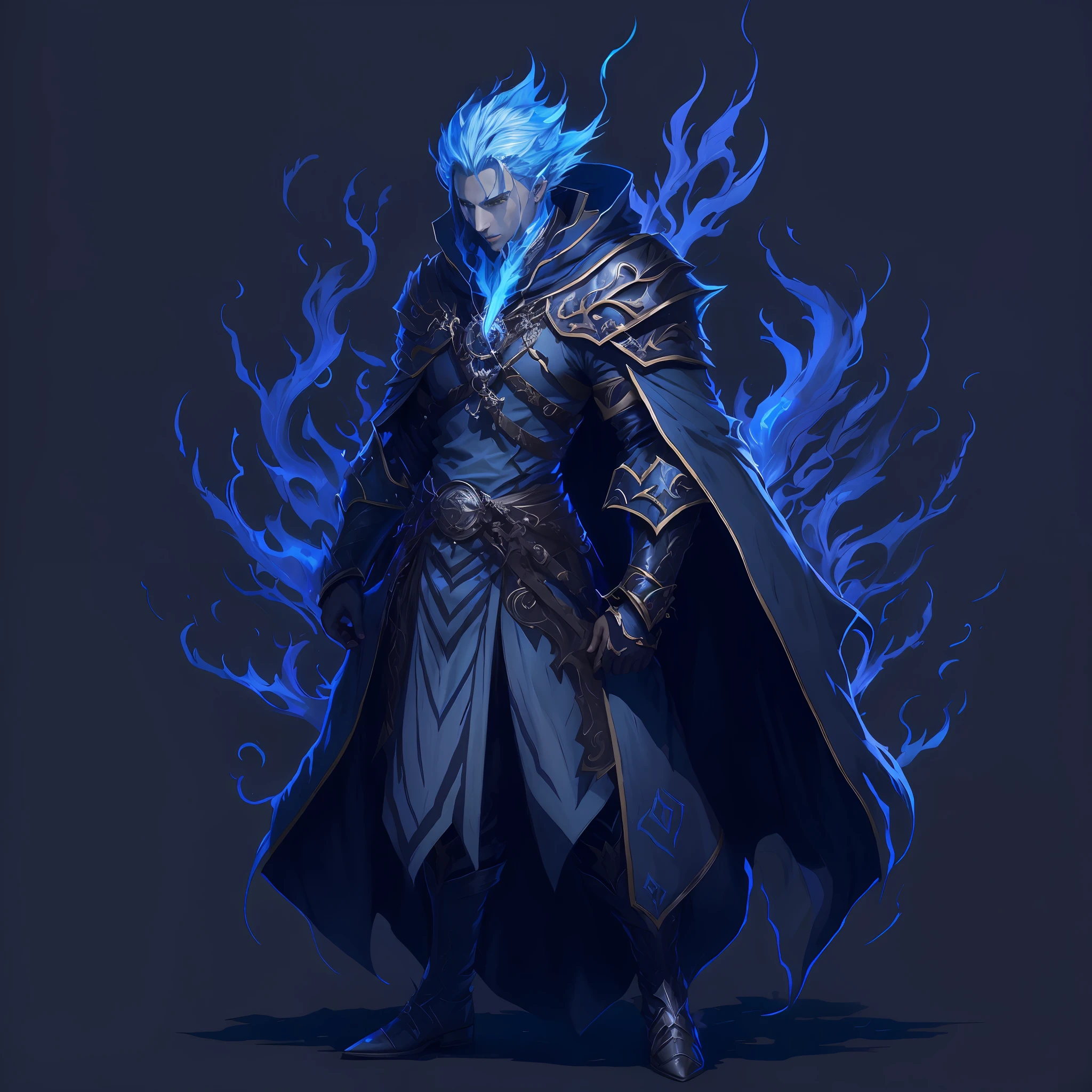 Alafed image of a man with blue hair and a cloak, arcane concept art, painted in the style arcane, demon noble character design, heroic fantasy character concept, dark fantasy character design, evil male sorcerer, ice mage, demon soul concept art, Rich Demon Mage Class, full portrait of elementalist, epic exquisite character art
