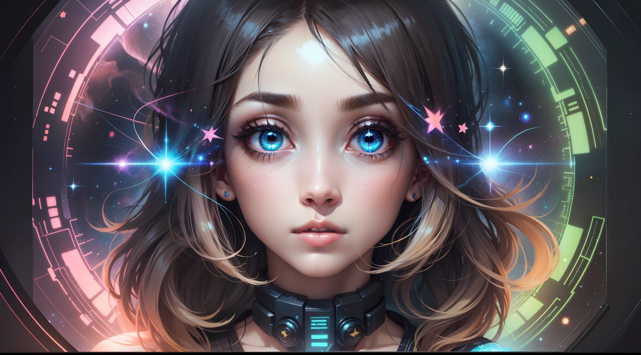 girl,radioactive glow,abstract art,character focus,eyes with reflection,starry sky,galaxies