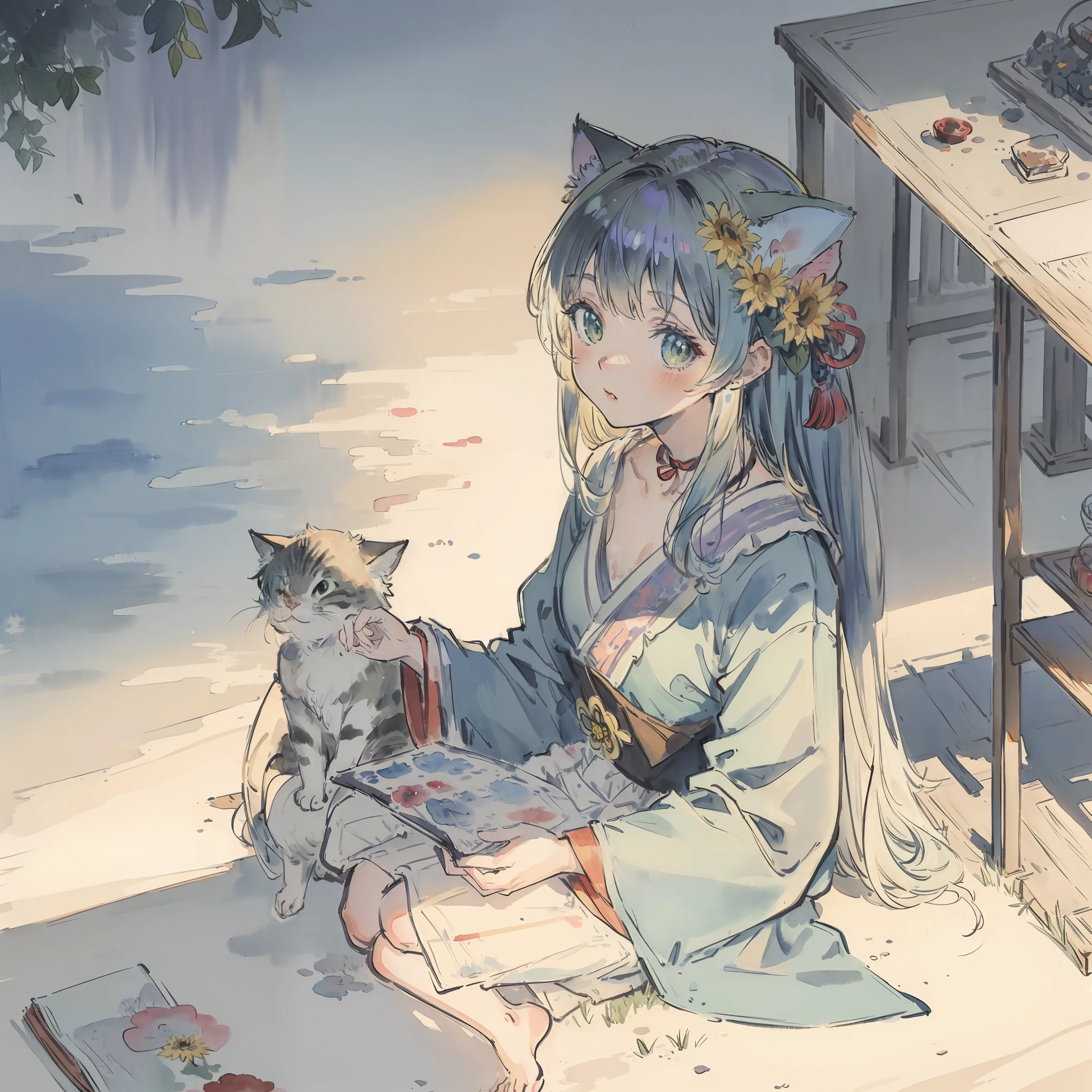 ((Best quality1.2、masutepiece))、((watercolor paiting))、((Take a cute cat))、Sun flower、kawaii、(Iridescent hair 1.2)、
