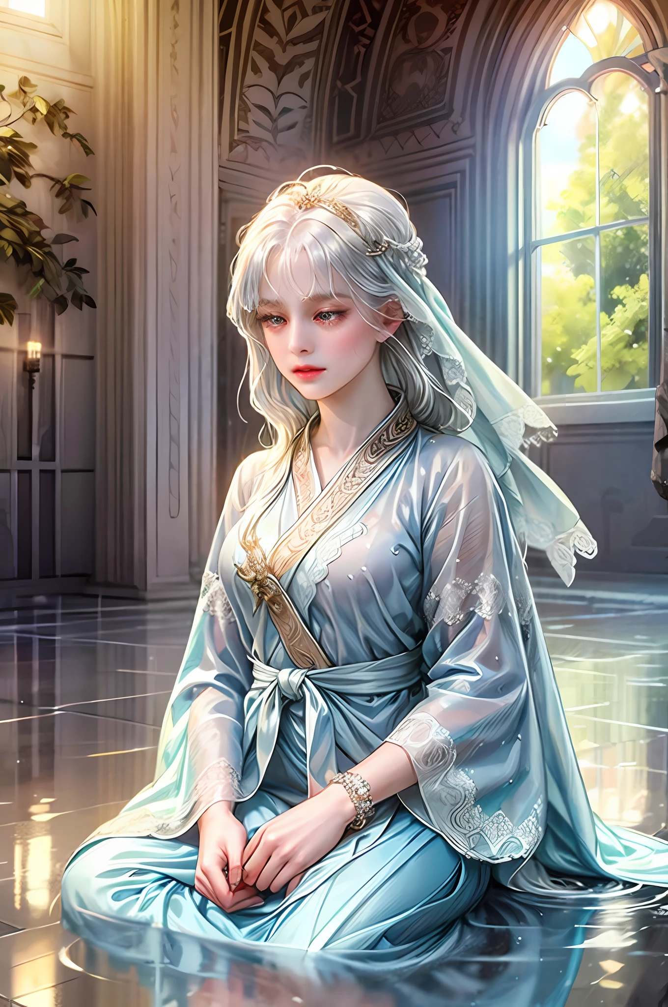 ( woman) meditating, silky white hair, wearing meditation robes, arms out to the sides, surrounded by floating water droplets, levitated water droplets, (water droplets), in a dark stone room, (((masterpiece))), (Extremely detailed), (intricate details), ((best quality)), more_details:-1, more_details:0, more_details:0.5, more_details:1, more_details:1.5, more_details:2.0 --auto