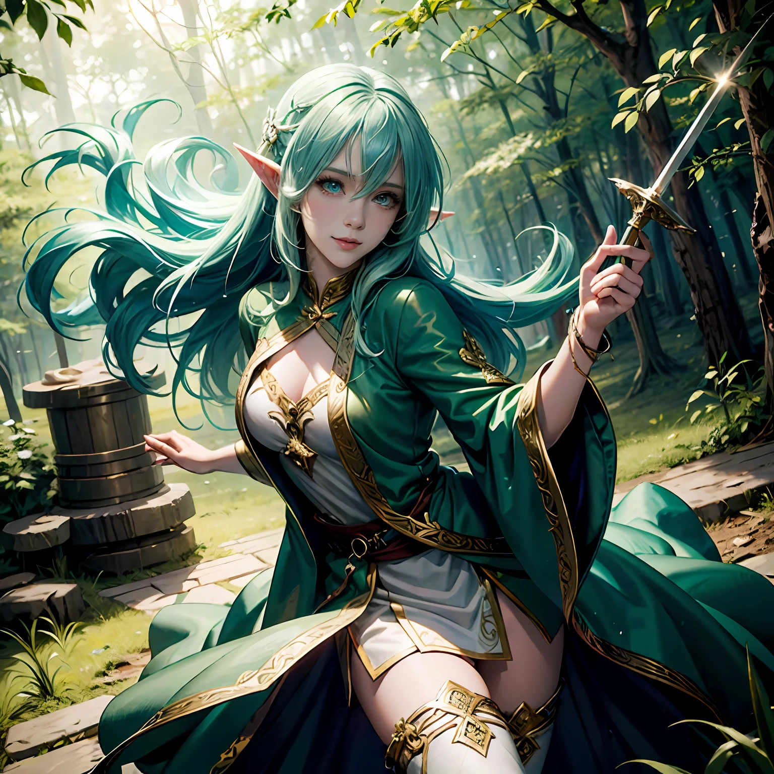 Anime style、Elven Beautiful Girl、Magic Swordsman、in woods、With smiling eyes、Green costume、full body Esbian