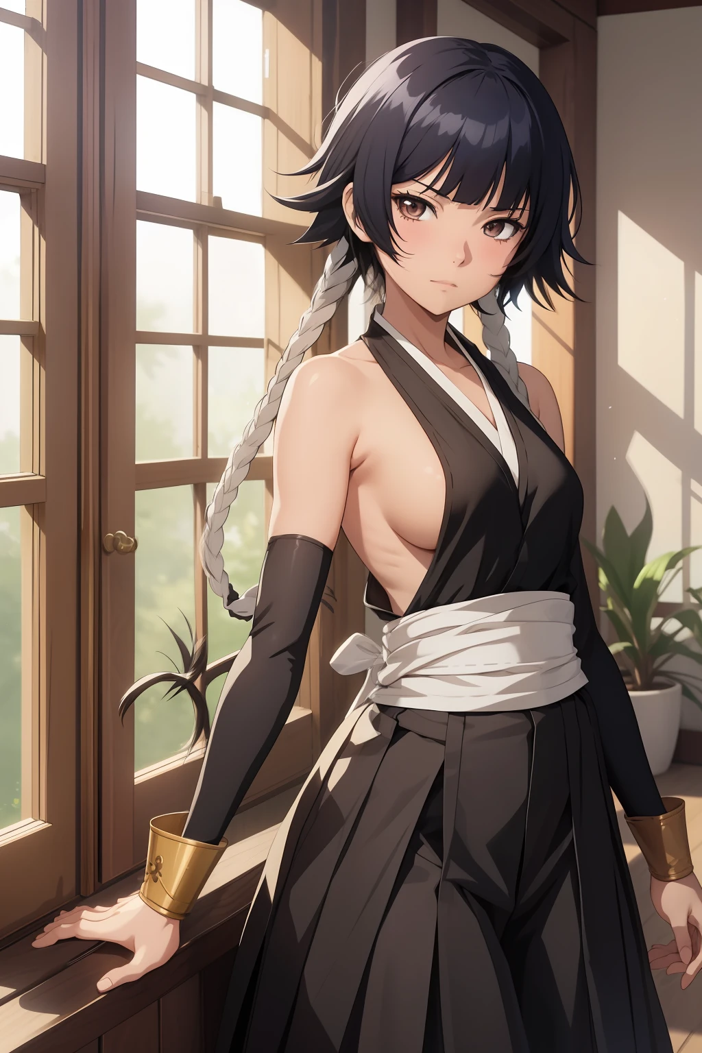 ( anime screencap:1.1),indoors,
1girl, solo, black hair, sideboob,standing, short hair with long locks, hip vent, short hair, small breasts, brown eyes, detached sleeves, hakama, black hakama, no bra, gloves, hakama skirt,low twin braids,sash,cowboy shot,
