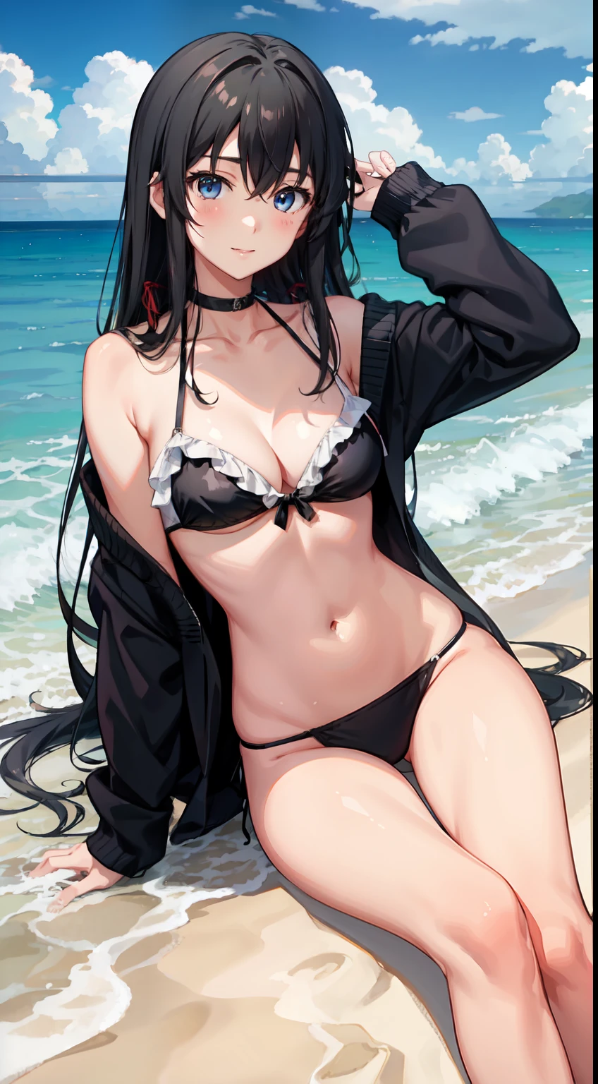 Yukino yukinoshita, long hair, cleavage, navel, slim legs, black hair, blue eyes, white side tie bikini, beach, cardigan, teen body, happy