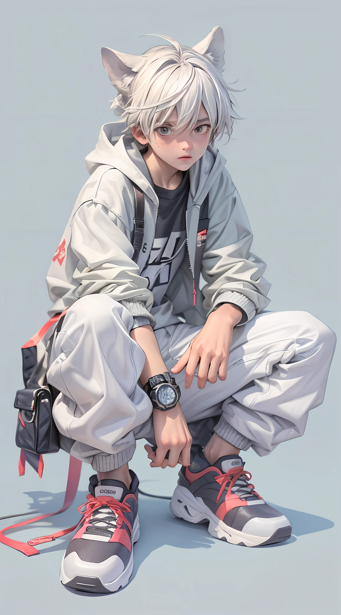 a masterpiece，Bestquality，offical art，8kwallpaper，Extremely Detailed，Illustration，1BOY，Trendy outfits，watch，sneaker shoes，squat down，Hands droop naturally，Hooded jacket，Street side，
