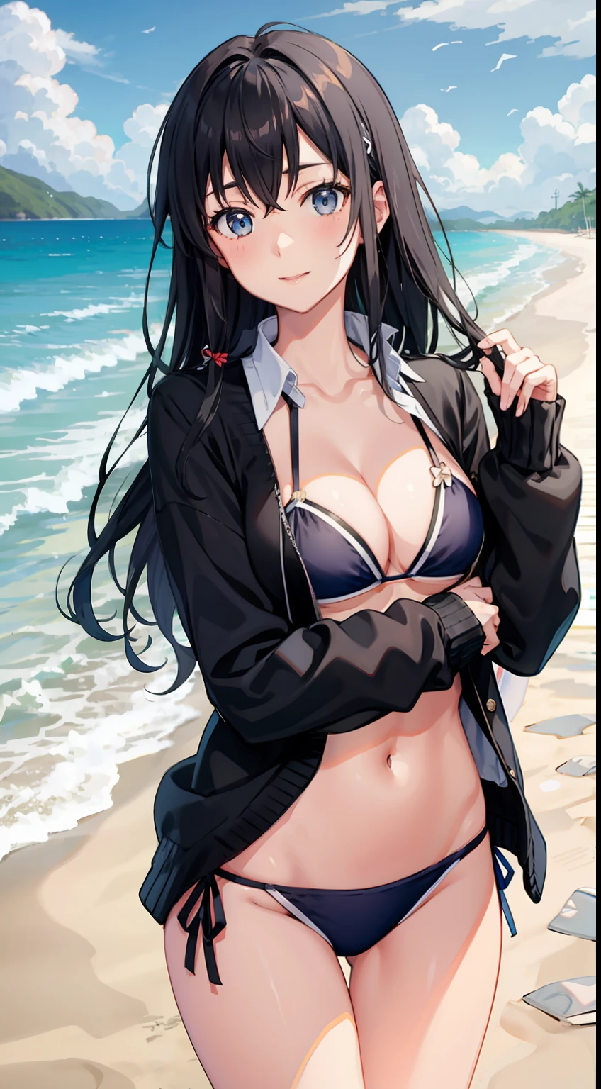 Yukino yukinoshita, long hair, cleavage, navel, slim legs, black hair, blue eyes, white side tie bikini, beach, cardigan, body, happy