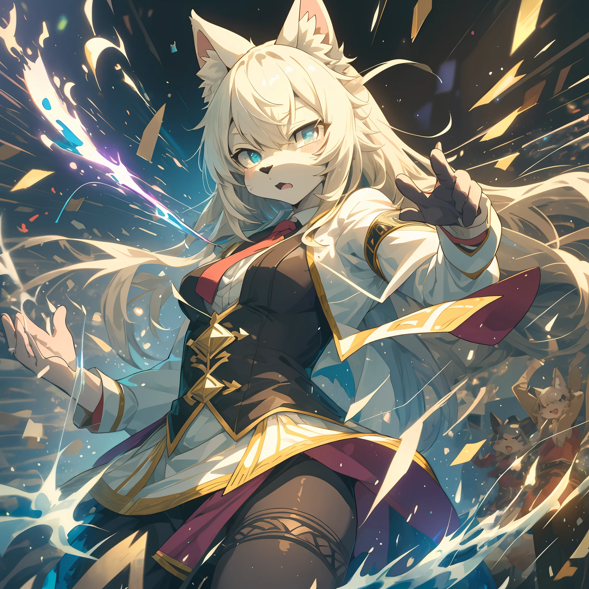 top quality, best quality, High-quality illustrations, masterpiece, super high resolution, detailed background, stage, illusion, magic, magician, 6+boys, 6+girls, absurdres(highly detailed beautiful face and eyes)perfect anatomy, expression, good lighting, cinematic shadow(kemono, furry anthro)assorted poses(sound effects, motion blur),
