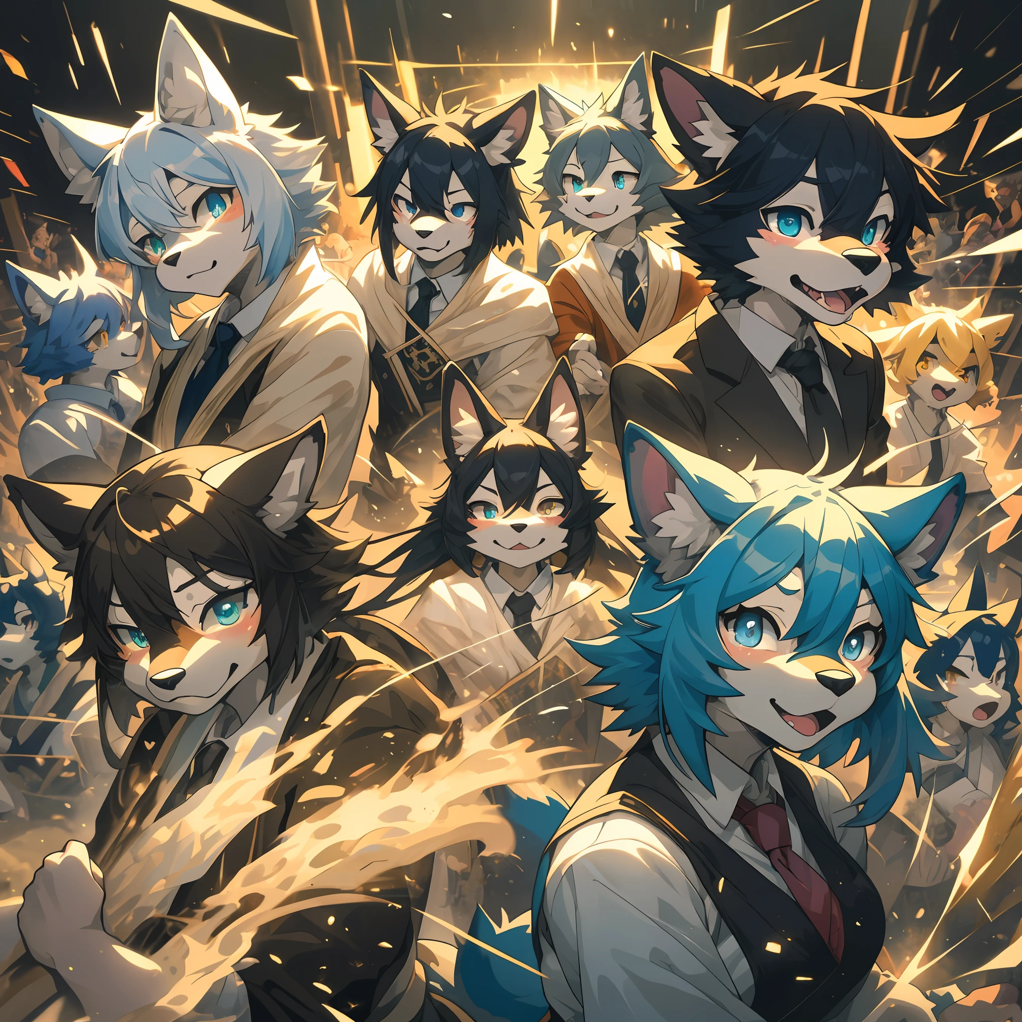 top quality, best quality, High-quality illustrations, masterpiece, super high resolution, detailed background, stage, illusion, magic, magician, 6+boys, 6+girls, absurdres(highly detailed beautiful face and eyes)perfect anatomy, expression, good lighting, cinematic shadow(kemono, furry anthro)assorted poses(sound effects, motion blur),