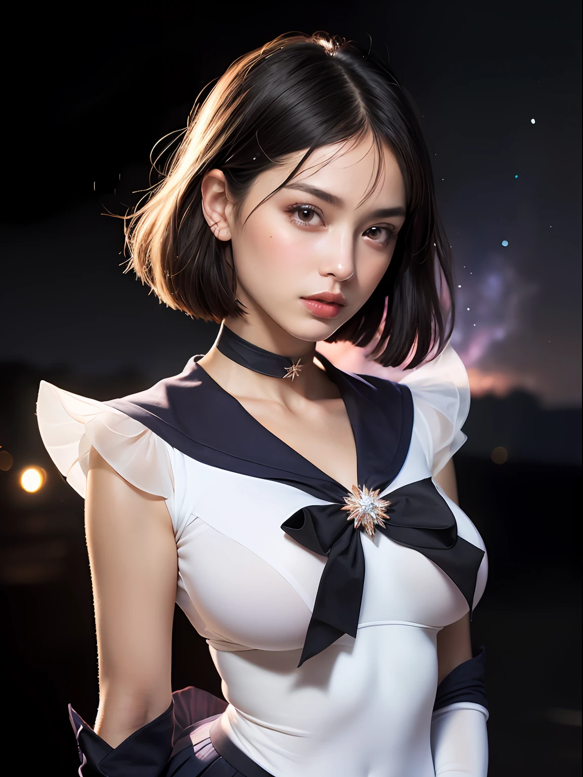 (masterpiece, best quality:1.4), (nebula background), (full body shot:1.5), (from front), 1girl, solo, (european youth:1sailor saturn, tiara, sailor senshi uniform, purple sailor collar, pleated skirt, elbow gloves, jewelry, brooch, choker, short black hair, (purple eyes:1), beautiful face, highly detailed face, highly detailed eyes, highly detailed skin, skin pores, subsurface scattering, realistic pupils, large breast, hard breast, full face blush, full lips, detailed background, depth of field, volumetric lighting, sharp focus, absurdres, realistic proportions, good anatomy, (realistic, hyperrealistic:1.4), 16k hdr,