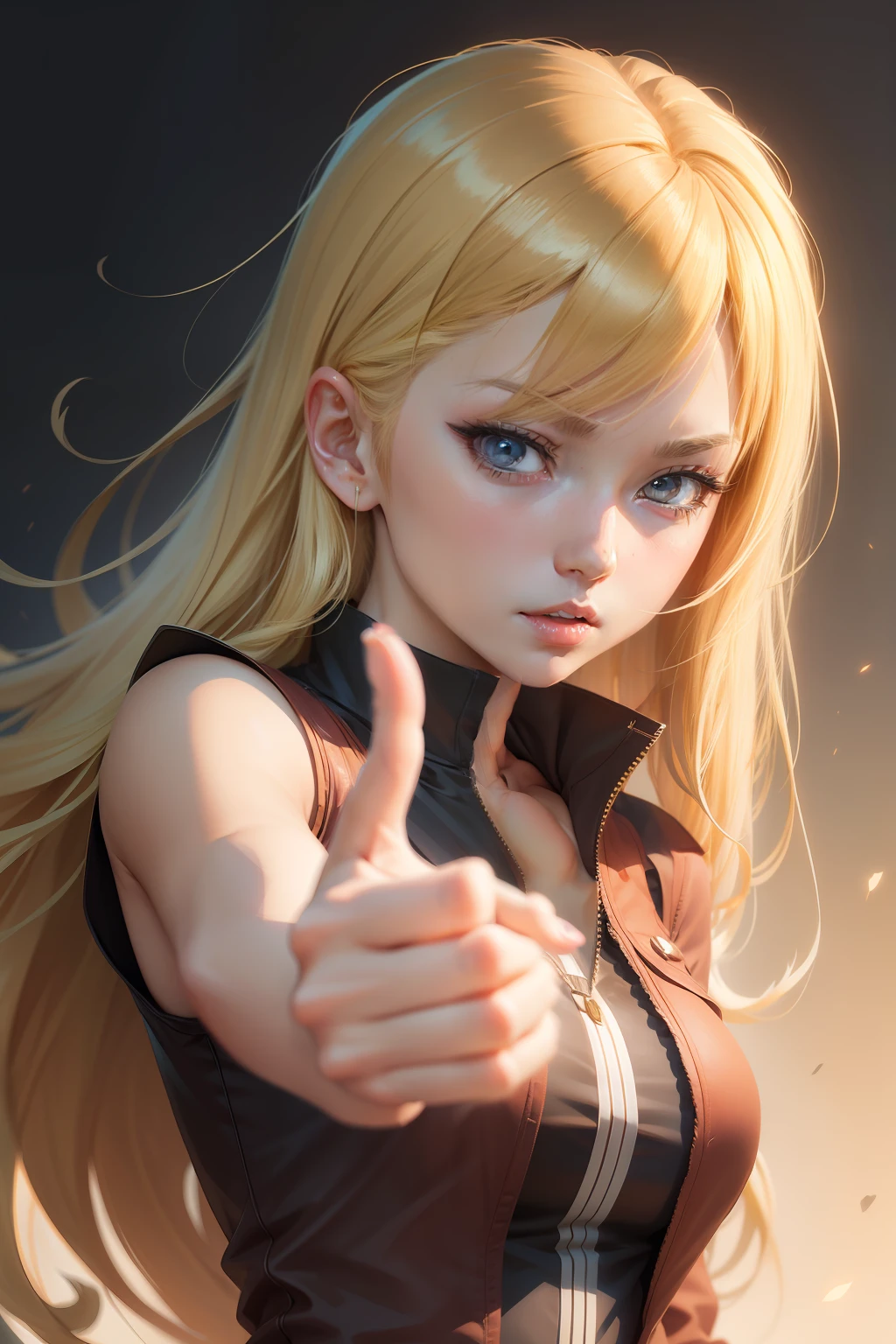 Blonde woman with long hair points camera with finger, heavy gesture style closeup, marin kitagawa fanart, with index finger, jojo anime style, with pointing finger, In an anime style, Anger and pointing, cellshading!!!, cel - shaded art style, blonde anime girl with long hair, rena nounen style 3/4, In anime style, Pointing