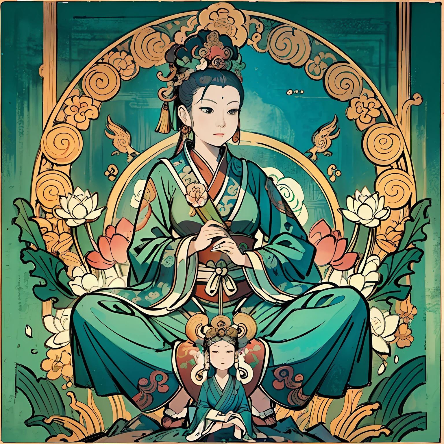 Woman sitting on a lotus,guanyin of the southern seas,Guanyin,contented female bodhisattva,jade sculpture,bodhisattva,queen of the sea mu yanling,serene,Serene expression,shui mo hua,Buddha,Buddhist,Lotus,Chinese painting style,Thangka style