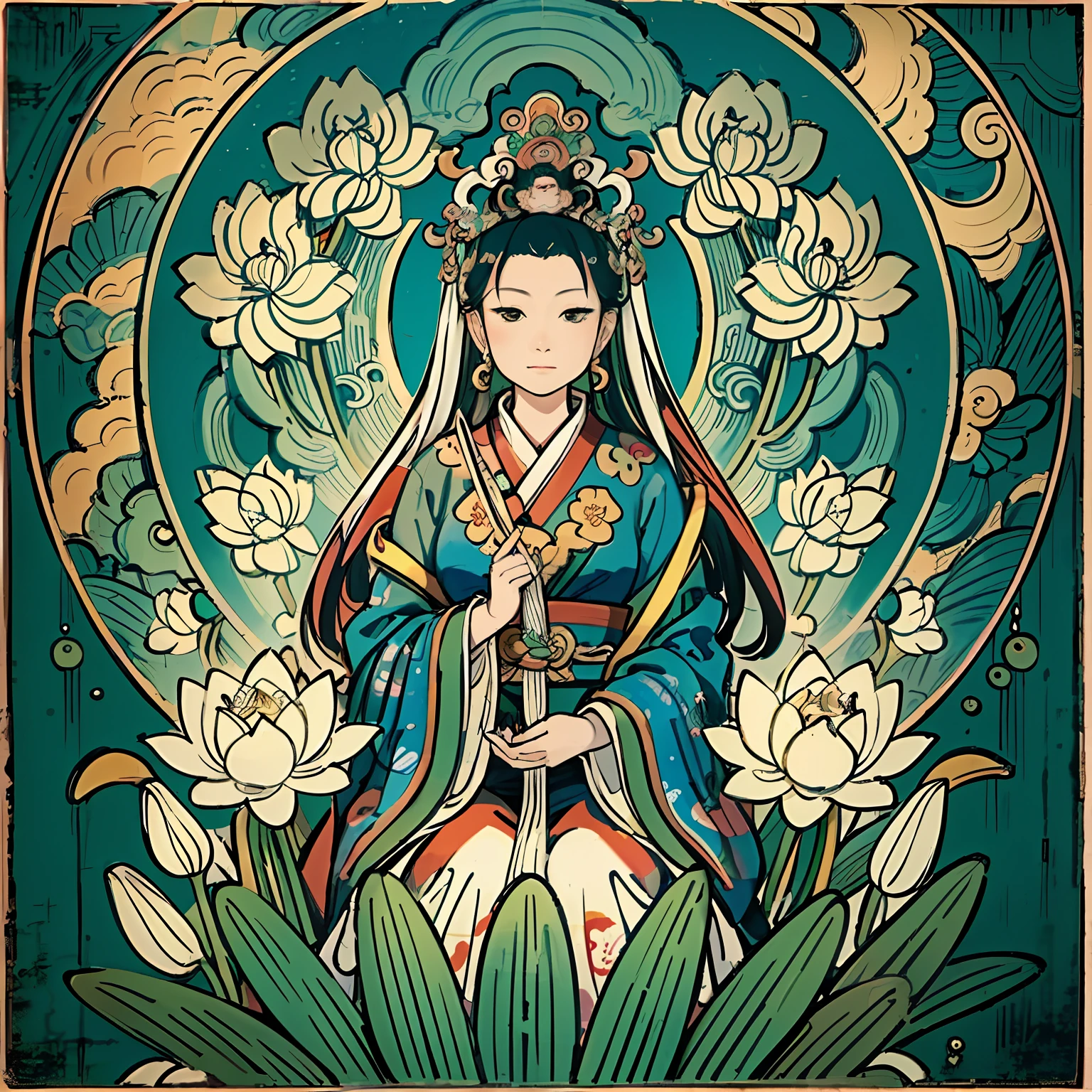 Woman sitting on a lotus,guanyin of the southern seas,Guanyin,contented female bodhisattva,jade sculpture,bodhisattva,queen of the sea mu yanling,serene,Serene expression,shui mo hua,Buddha,Buddhist,Lotus,Chinese painting style,Thangka style