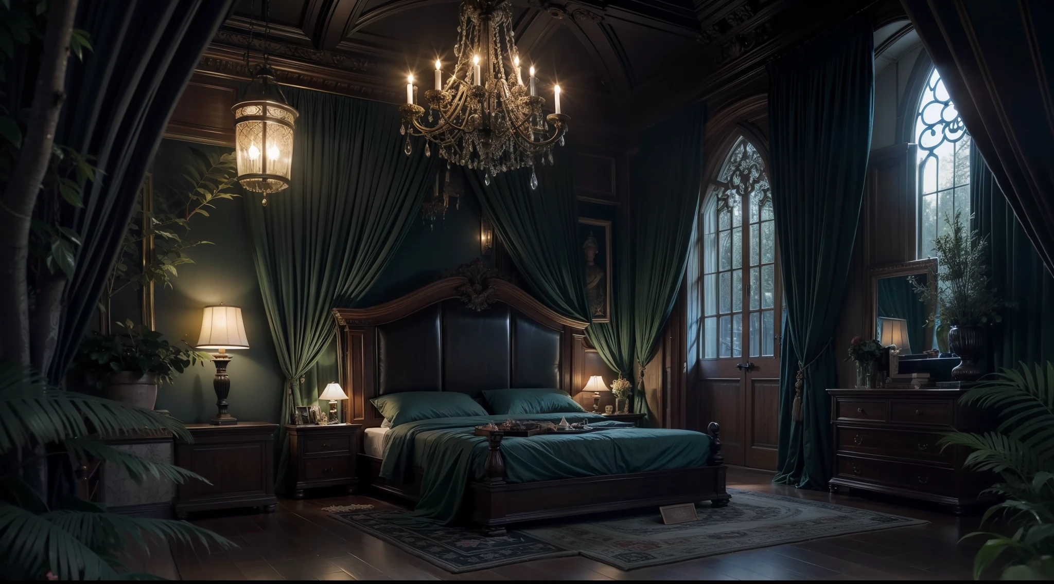 a dark night、A bedroom in a Western-style building deep in a dark and mysterious forest、big bed、Close-up on a pillow、 interior architecture, Gothic art, Verism, One-person viewpoint, From the outside, canon, Super Detail, High quality, hight resolution, 8K, Best Quality