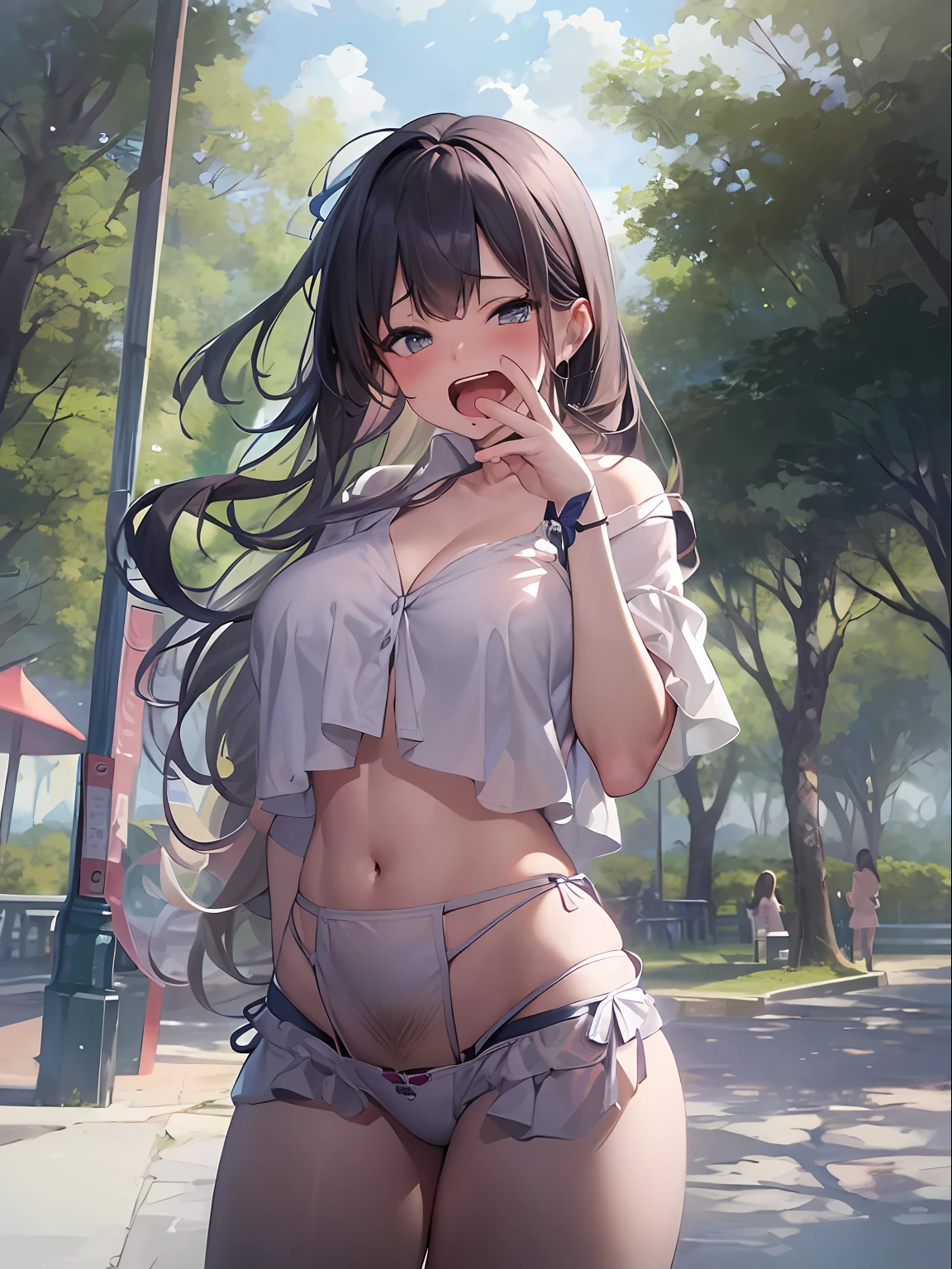 top-quality、masterpiece、超A high resolution、(Photorealsitic:1.4)、One girl yawning in the park、Panting face、A dark-haired、Functional、Bewitching、Dramatic Lighting、full body Esbian、maikurobikini、huge-breasted、Getting from behind、a park、Pubic hair shows through、all-fours、blushed face、Functional、Nasty