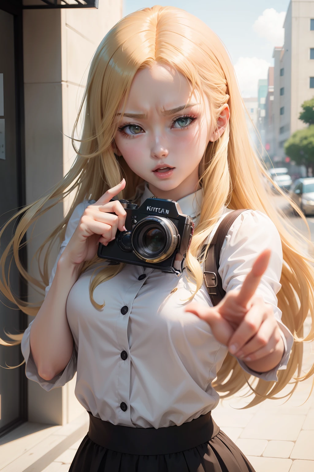Blonde woman with long hair points camera with finger, heavy gesture style closeup, marin kitagawa fanart, with index finger, jojo anime style, with pointing finger, In an anime style, Anger and pointing, cellshading!!!, cel - shaded art style, blonde anime girl with long hair, rena nounen style 3/4, In anime style, Pointing