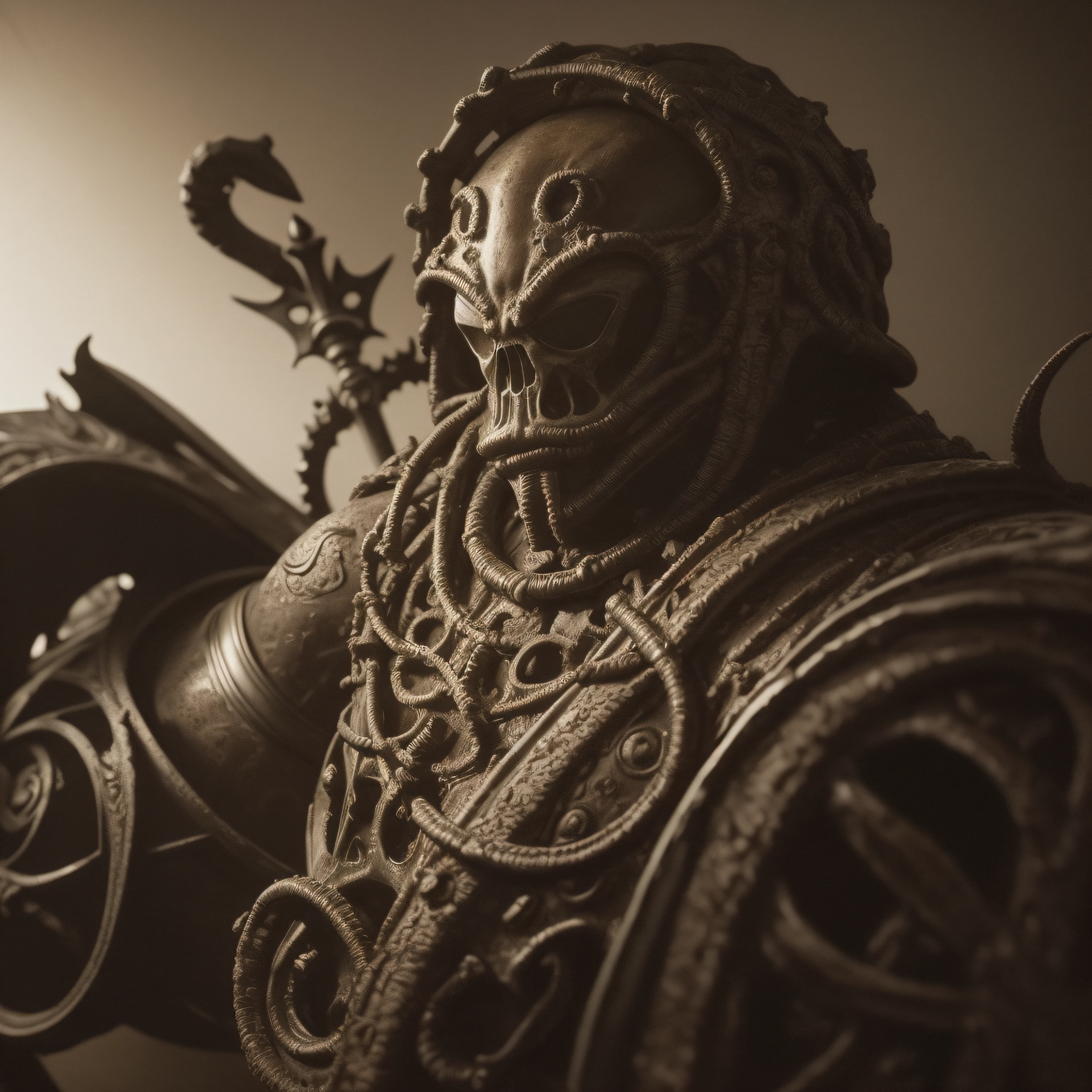 (extremadamente detallado, obra maestra, La mejor calidad), Estilo oscuro, intense illumination, rostro con arrugas, soldier, medieval armor, rusted, axe, tentacle, monstruoso, interior de una piscina de agua verdosa, imagen submarina, alien con Colmillos finos. manchas de tinta. Rococo composition. Luz de caravaggio