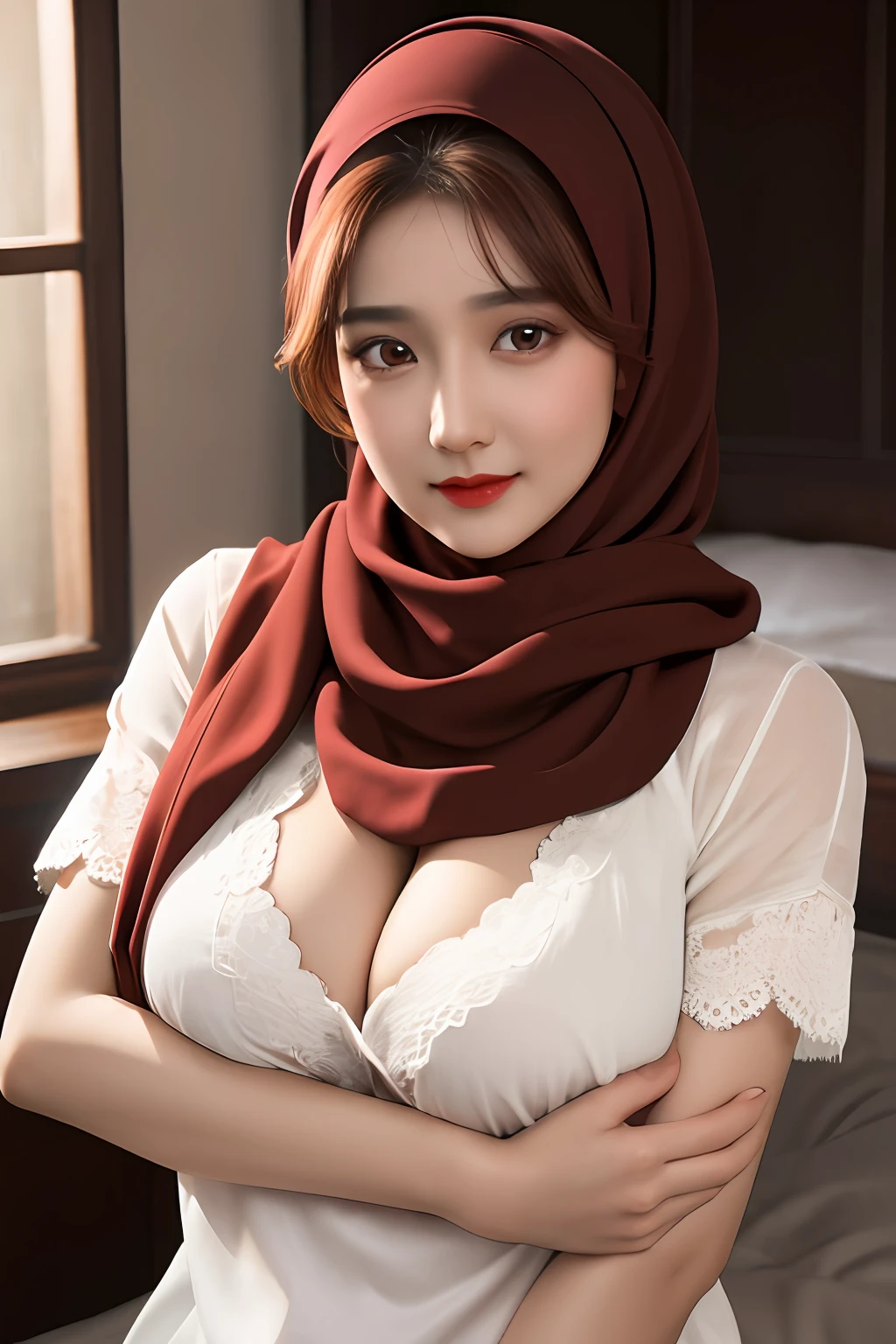 Highly detailed eyes, very detailed face, very beautiful woman, best quality, ultra-detailed (photorealistic), very delicate and beautiful legs, chest-hugging,torn shirt outfit,big breast,(D cup),very detailed facial happy expression,beautiful red eyes,brown hair,bedroom,hijab