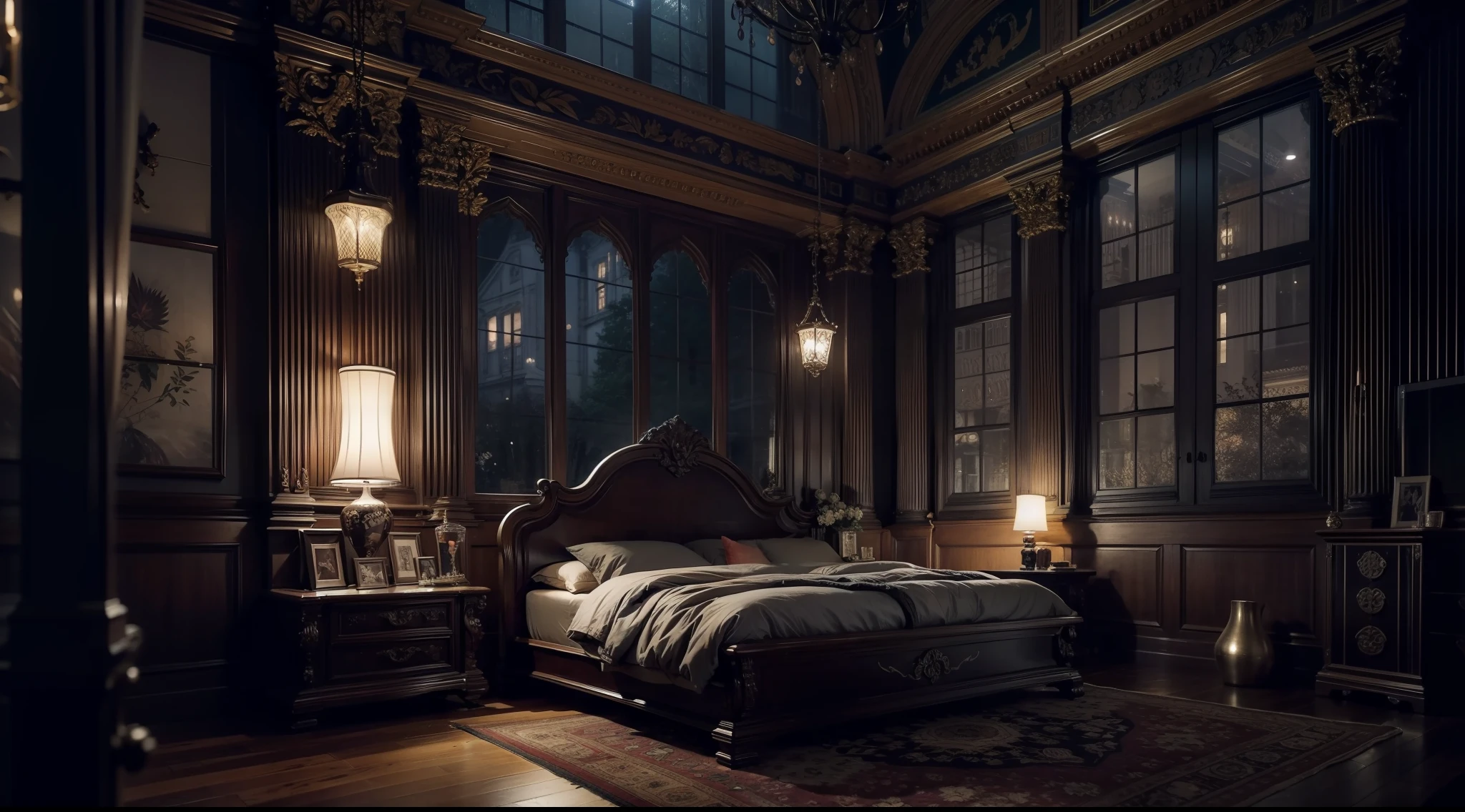 a dark night、A bedroom in a Western-style building deep in a dark and mysterious forest、big bed、Close-up on a pillow、 interior architecture, Gothic art, Verism, One-person viewpoint, From the outside, canon, Super Detail, High quality, hight resolution, 8K, Best Quality