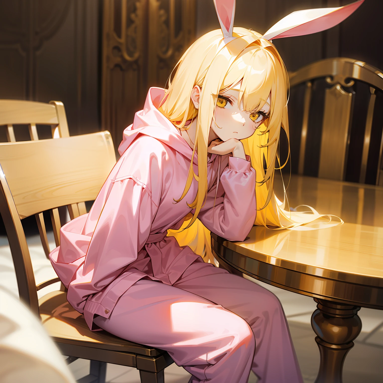 Long pale yellow hair to the waist，Golden eyes，Wearing pink bunny hooded pajamas，Sleepy look，I feel like I can't open my eyes，face expressionless，Sit in a chair at the table