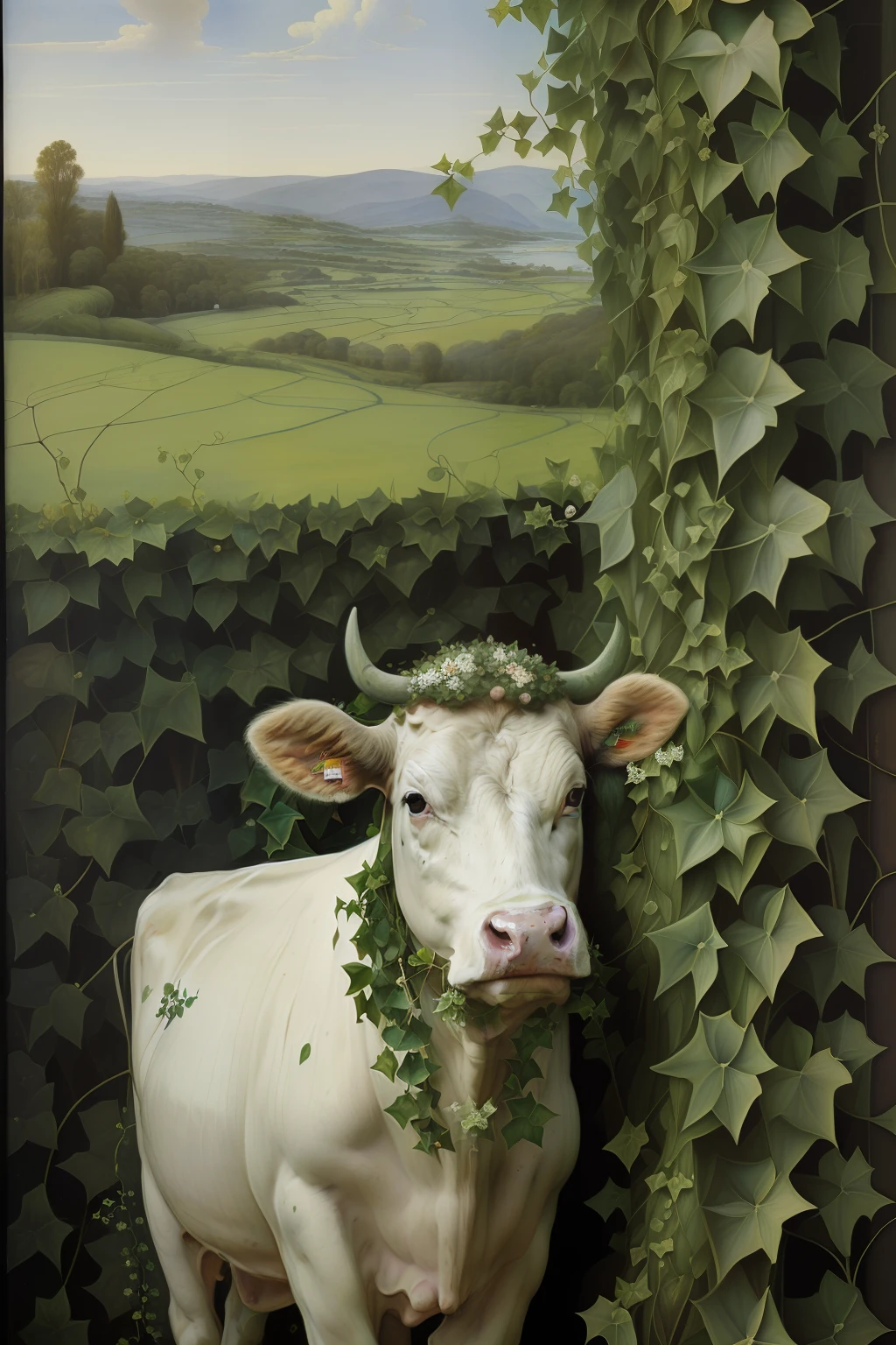 (((Pre-Raphaelite painting of cow eating ivy, folhas de hera, paisagem celta)))