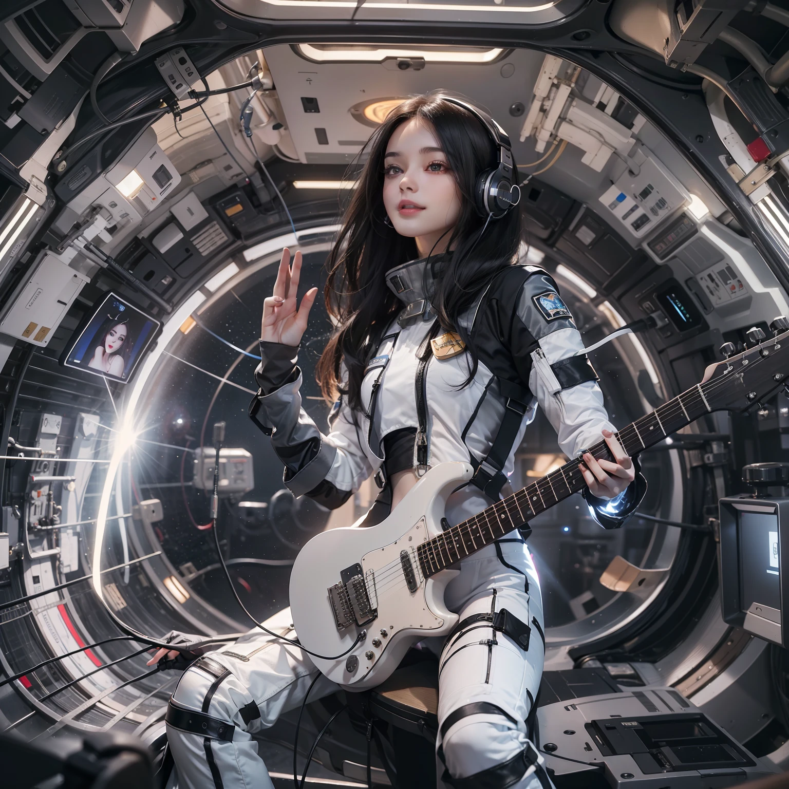 Enchanted woman happy to raise her hand Perfect beauty Beautiful white skin Beautiful eyes Lustrous lips lovely smile Dark hair Wearing a thin black spacesuit that sticks to the body holding an electric guitar Functional head phone Inside the spacecraft