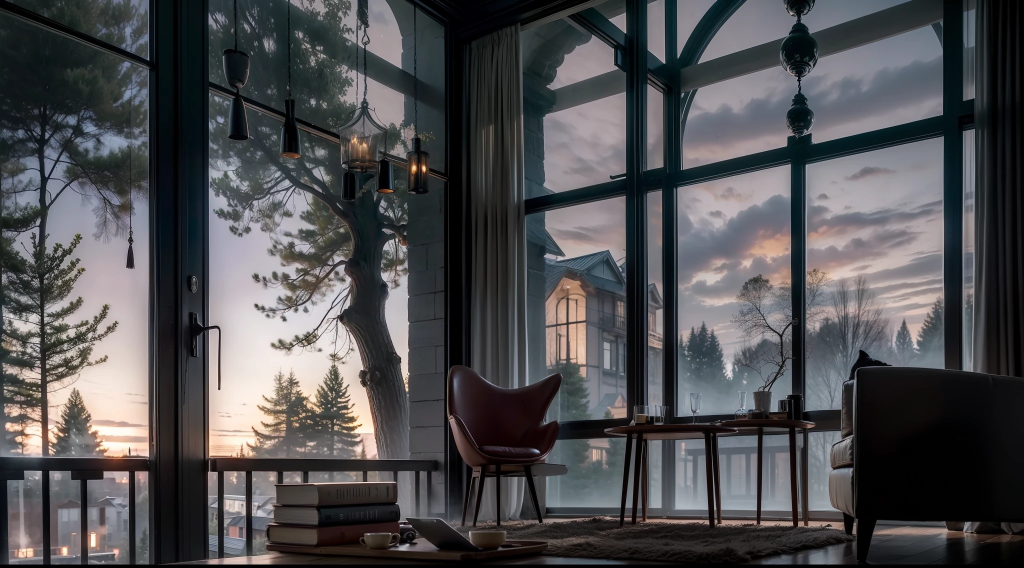 a dark night、Western-style living room deep in a dark and mysterious forest、There is a coffee cup on the table by the window.1One、relax、 interior architecture, Gothic art, Verism, One-person viewpoint, From the outside, canon, Super Detail, High quality, hight resolution, 8K, Best Quality