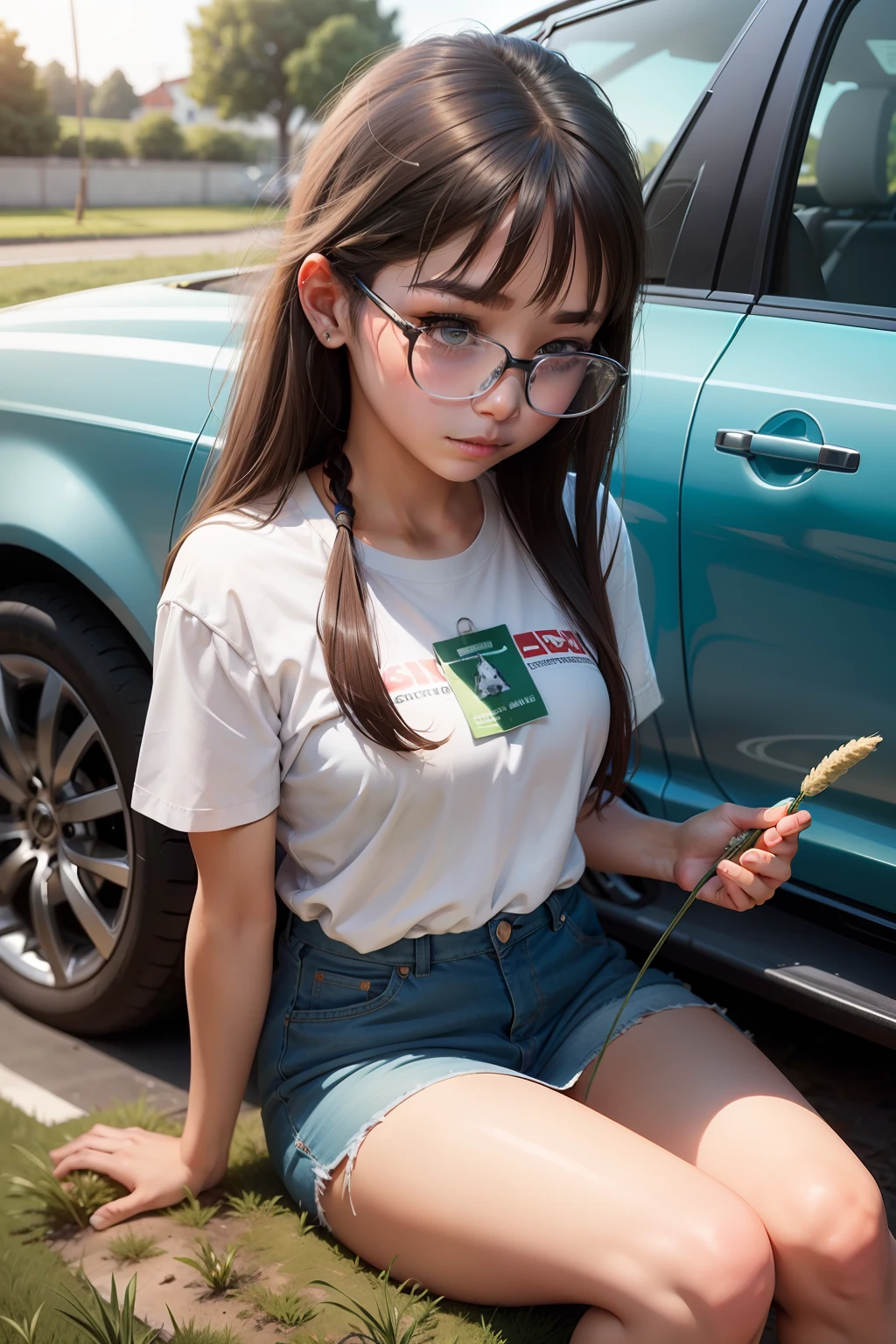 An extremely close-up of a pure-looking girl with glasses picks dog tail grass in a driving school