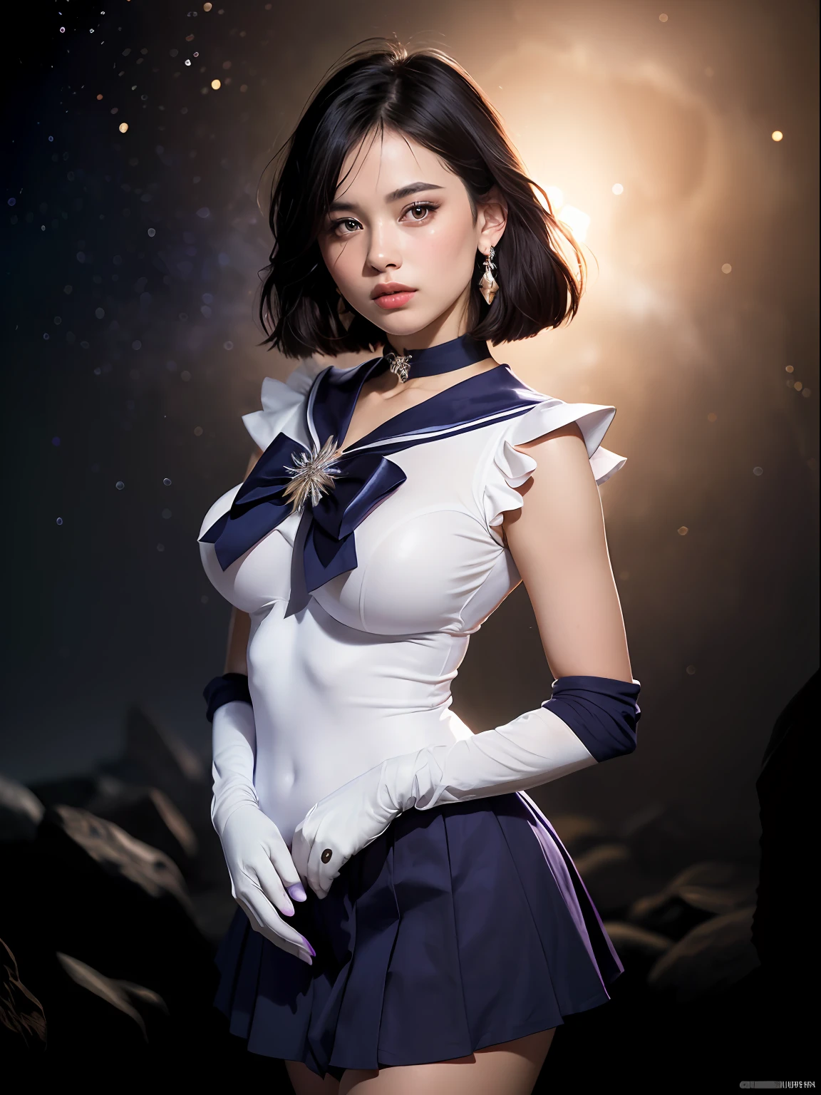 (masterpiece, best quality:1.4), (nebula background), (full body shot:1.5), (from back), 1girl, solo, (european youth:1sailor saturn, tiara, sailor senshi uniform, purple sailor collar, pleated skirt, elbow gloves, jewelry, brooch, choker, short black hair, (purple eyes:1), beautiful face, highly detailed face, highly detailed eyes, highly detailed skin, skin pores, subsurface scattering, realistic pupils, large breast, hard breast, full face blush, full lips, detailed background, depth of field, volumetric lighting, sharp focus, absurdres, realistic proportions, good anatomy, (realistic, hyperrealistic:1.4), 16k hdr,