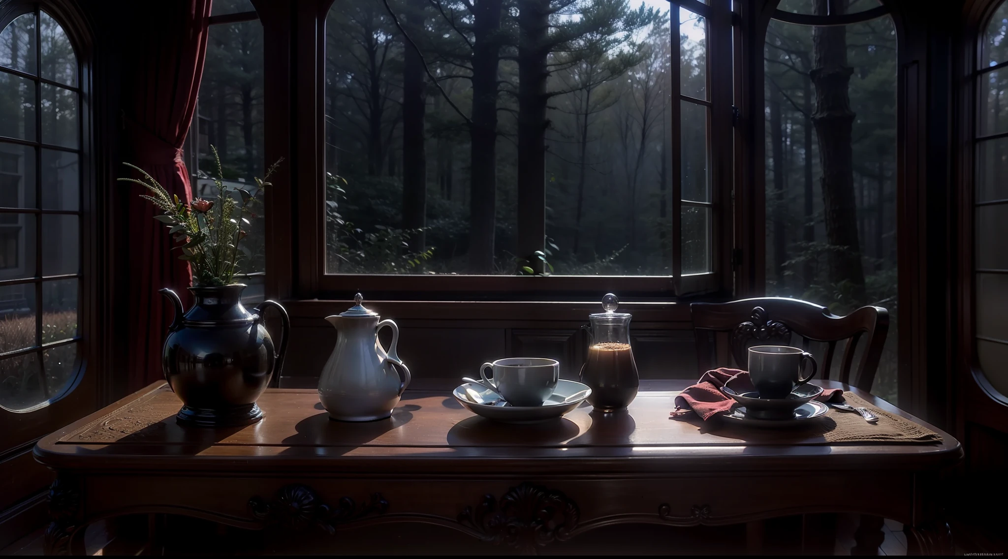 a dark night、Western-style living room deep in a dark and mysterious forest、There is a coffee cup on the table by the window.１One、relax、 interior architecture, Gothic art, Verism, One-person viewpoint, From the outside, canon, Super Detail, High quality, hight resolution, 8K, Best Quality