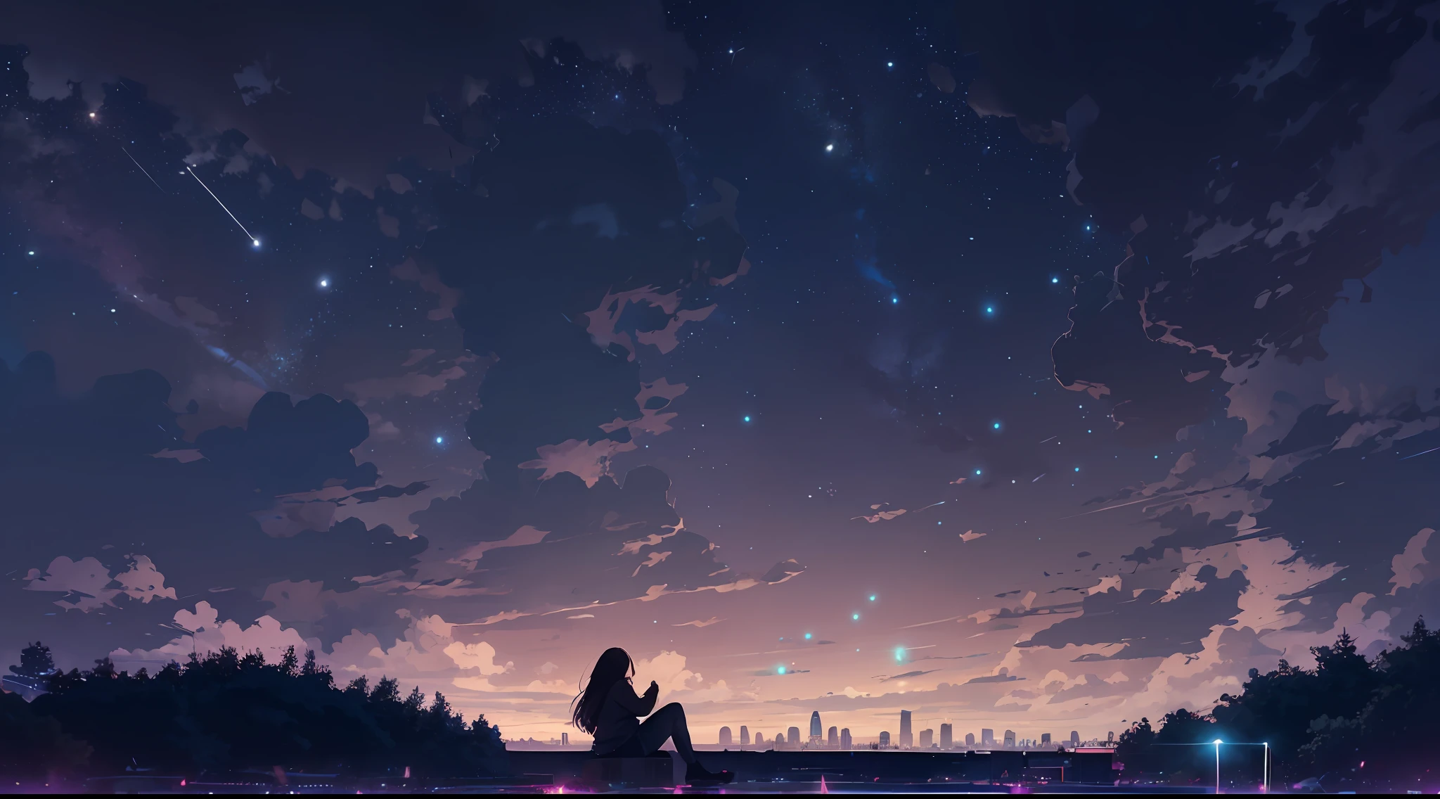 octans, sky, star (sky), scenery, starry sky, night, 1girl, night sky, solo, outdoors, building, cloud, milky way, sitting, tree, long hair, city, silhouette, cityscape