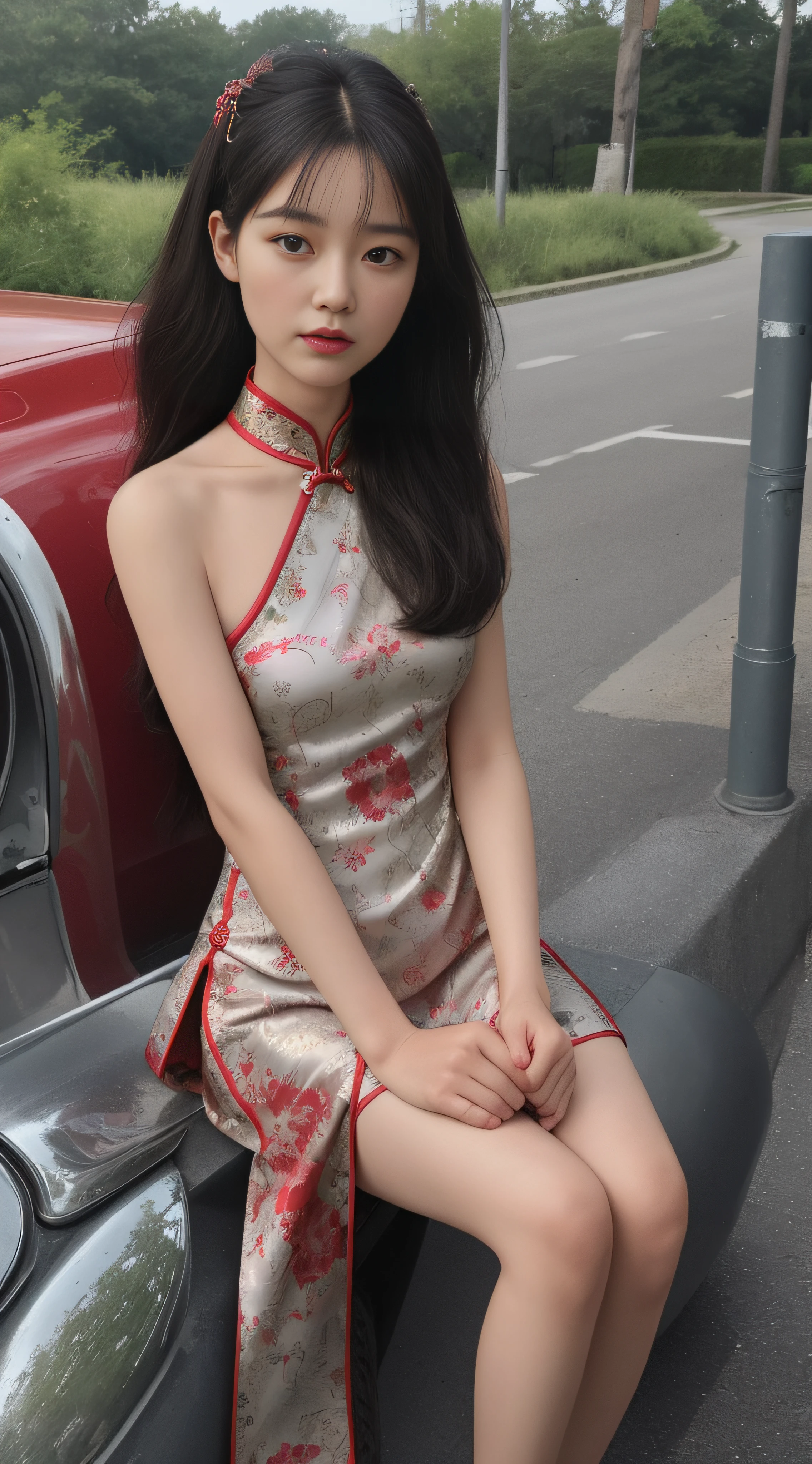 best qualtiy, hyper-high detail,Overlooking,Full body like,50 years old woman,Traces of time,Refined face,Coiled hair,Hairpins,Hairpins,Red cheongsam,slimfigure,Smaller bust,cropped shoulders,High split end,ellegance,outside