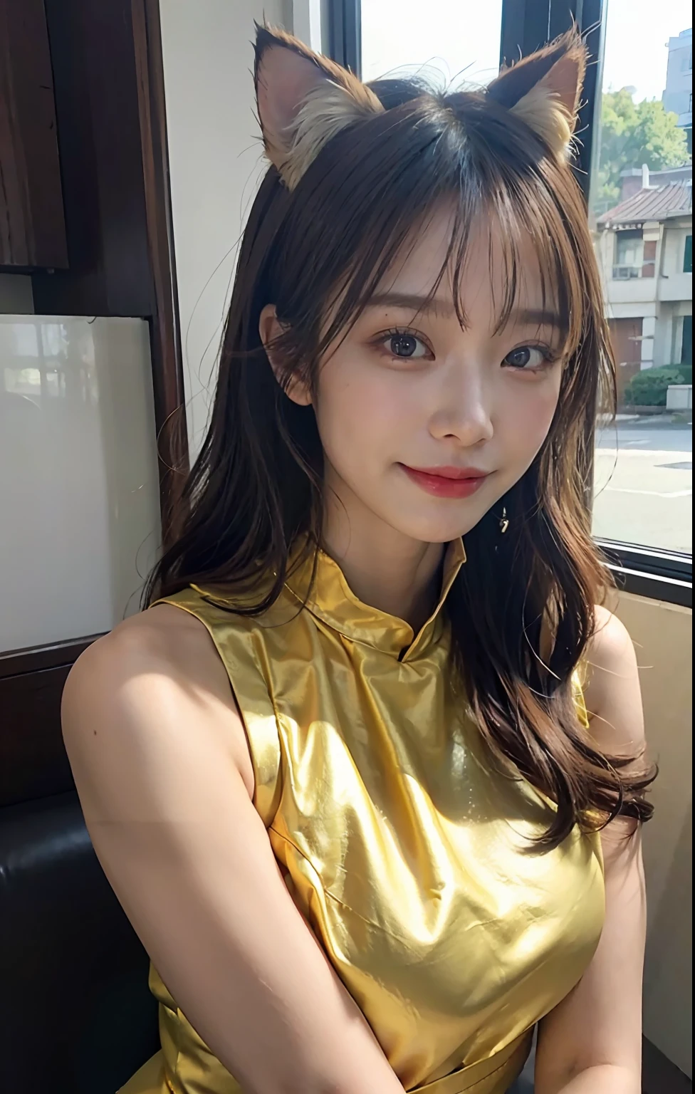 masterpiece、top-quality、Official art、Highly detailed CG Unity 8K wallpapers、One girl、超A high resolution、(Photorealsitic:1.4)、Golden Hour Lighting、qipao dress、(The upper part of the body)、(Kpop Idle)、(attractiveness:1 ), (Light Brown Ponytail: 0.8), ((Puffy eyes)), Look at the viewer, facing the front there, A smile, Laugh,middlebreasts,, gloves, ( cat ear),Linshan-hsien