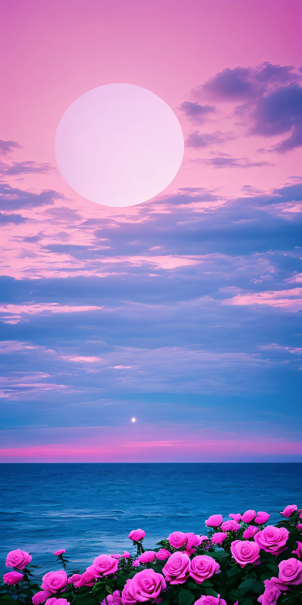 Pink moon, pink sky, soft pink clouds, pink ocean waves sparkling, sparkling, pink roses on pink ocean, fantasy, diamond, crown, universe, soft lights,