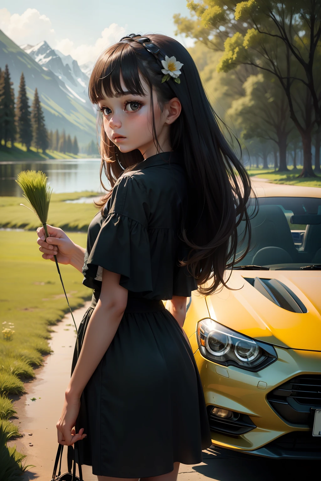 MKSKS style, (Very detailed background:1.0), (highly detailed back ground:1.0), 1girll, Best quality, (1girll, Solo, Girl:1.2), Lake, Holding a grass in his hand，The Car, color difference, Depth of field, Soft lighting