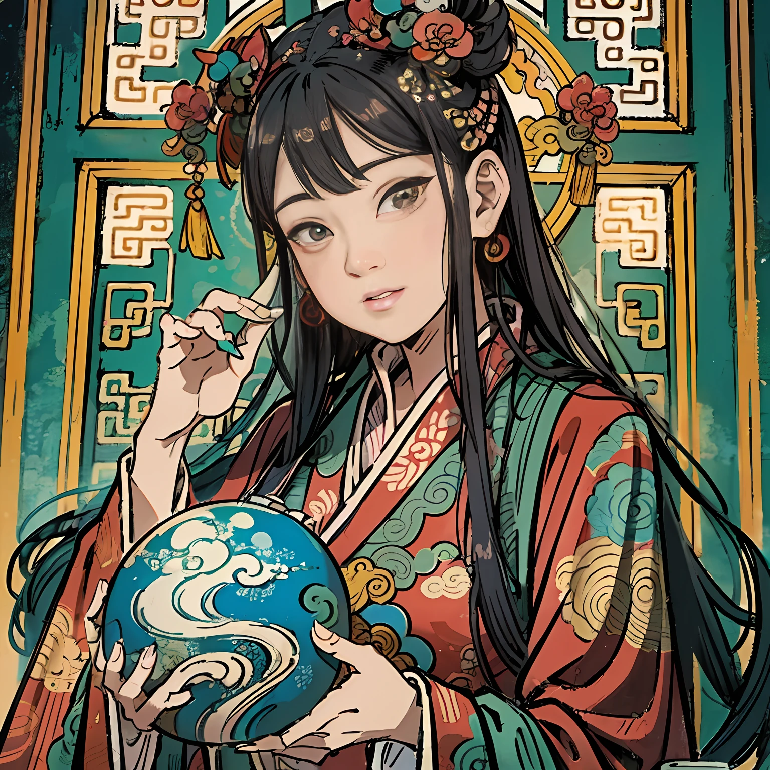 A woman in Chinese clothing holds a jade ruyi, an ancient Chinese goddess, guanyin of the southern seas, Guanyin, inspired by Qian Du, chinese empress, Inspired by Qiu Ying, inspired by Zhang Zeduan, ancient china art style, inspired by Yun-Fei Ji, Princesa chinesa antiga, contented female bodhisattva