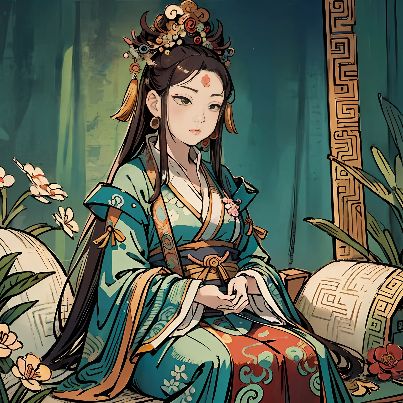 A woman in Chinese clothing holds a jade ruyi, an ancient Chinese goddess, guanyin of the southern seas, Guanyin, inspired by Qian Du, chinese empress, Inspired by Qiu Ying, inspired by Zhang Zeduan, ancient china art style, inspired by Yun-Fei Ji, Princesa chinesa antiga, contented female bodhisattva