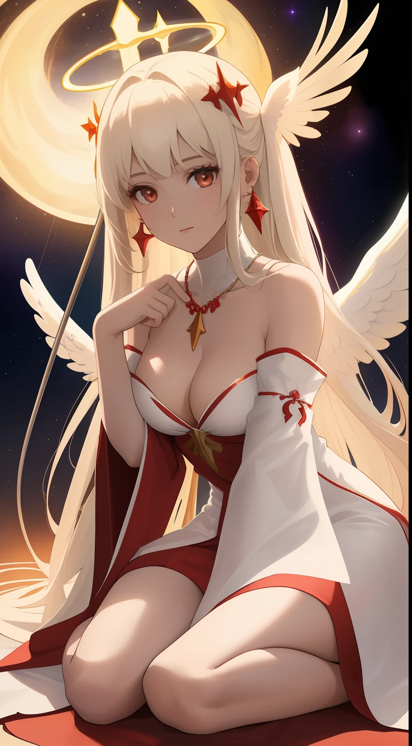 Top quality, ultra high resolution, (photorealistic: 1.4), Spatula scepter, red and white priest robe, ray tracing, space background, perfect, ultra high detailed, highly detailed face, saint halo, attractive face. Model face.Thin, beautiful details, Big tits. Earring. Luxurious necklace. Detail. Realistic details. traditional female hairstyle, really long hair, Angel's wings, Detached sleeves, Bare shoulders, Middle opening, Cleavage, Middle chest, Hair ornament, Thigh height, Full body, otherworldly. Warping the body.