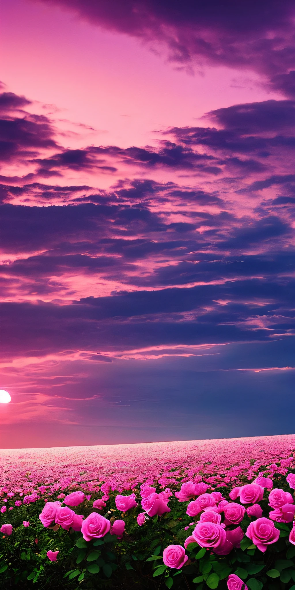 Pink moon, pink sky, soft pink clouds, pink ocean waves sparkling, sparkling, pink roses on pink ocean, fantasy, diamond, crown, universe, soft lights,