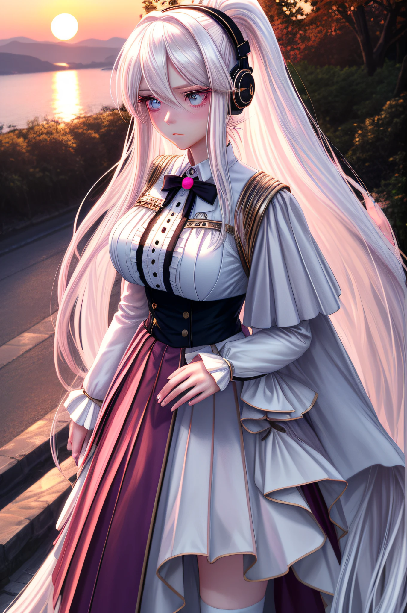 masterpiece, best quality, dusk, sunset, landscape, artbook, realistic, real, personification, girl, idol, very long hair, white hair, high ponytail, light blush, blush, shy, blue eyes, pink eyeshadow, large breasts, pleated_skirt, white kneehighs, headphones, hand on own chest,