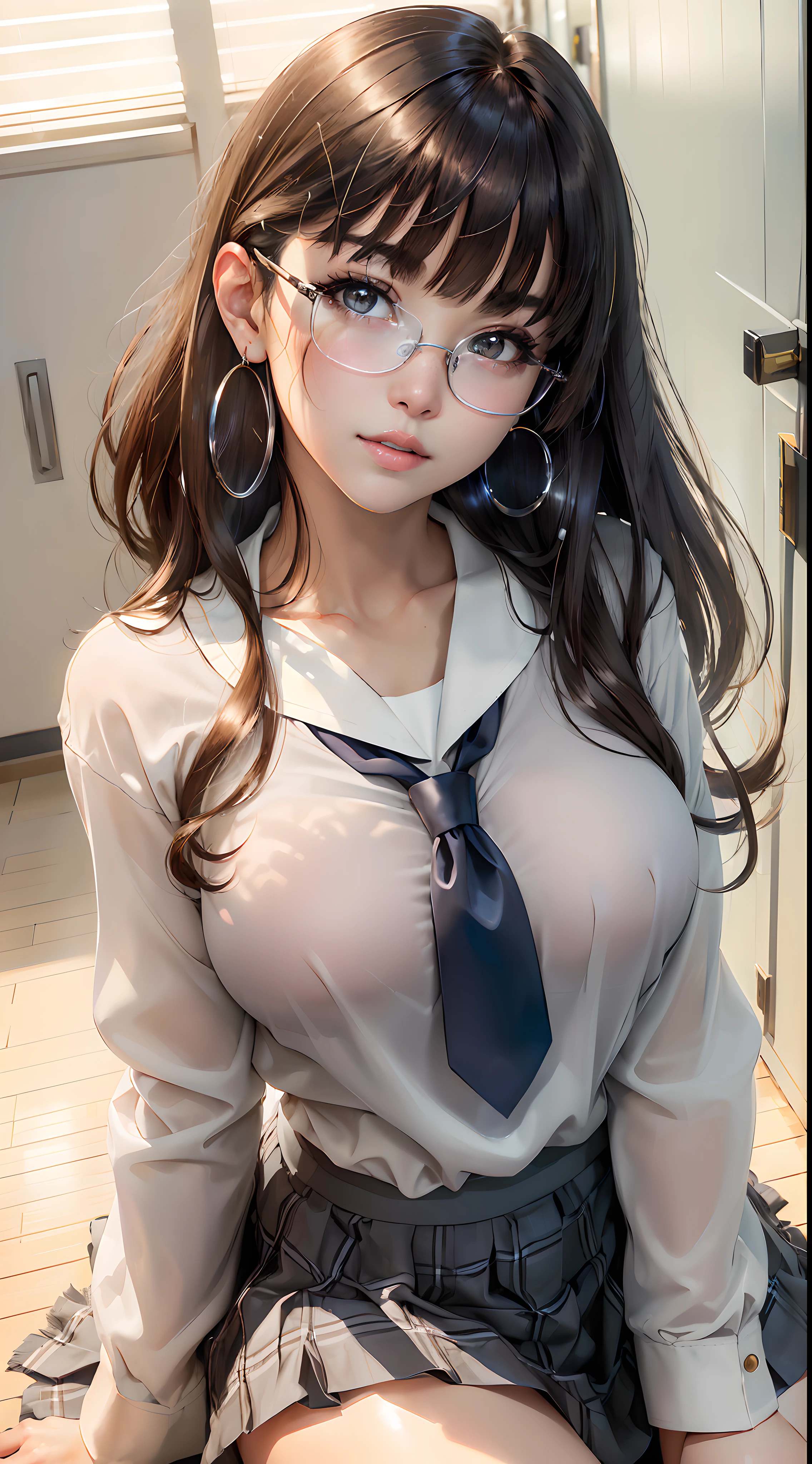 ((4k hyper realism)), ((ARTGERM)),((from above angle fisheye POV perspective)), ((upper body)), closeup of a skinny young woman ((22 years)) kneeling in a seductive pose and looking up at the viewer, huge curvy breasts, ((super skinny fit waist)), skinny toned arms, perfect body, perfect figure, abs, big breasts, cute face, shinny nose, thick glossy full lips, gloss on lips, lips open, huge eyes, ((brunette straight bangs sharp haircut)), straight hair, ((big hoop silver earrings)), beautiful face, ((thighs)), school hallway lockers in the background, bright Japanese school hallway, glossy ambience, clear light face, small cute freckles, ultra realistic detailed face, (( long sleeve sailor girl outfit)), ((long flowy dark grey flannel skirt)), ((white long sleeve shirt)), ((blue tie)), ((nerdy tiny thin small frame glasses on the nose)),