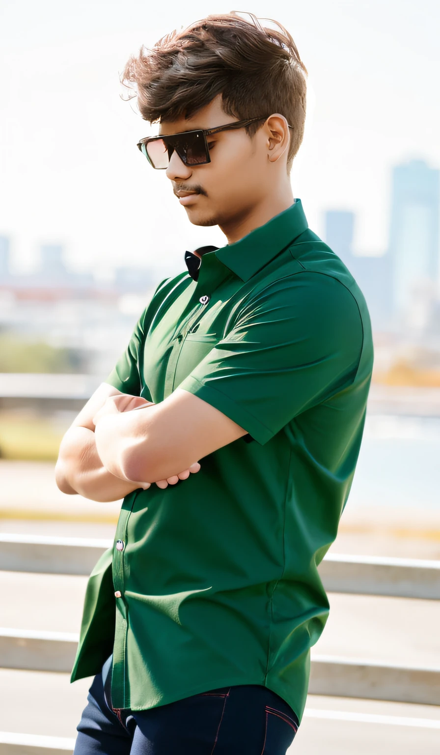 green collared shirt, and black jeans, bokeh, outdoor background,high quality, photorealistic,