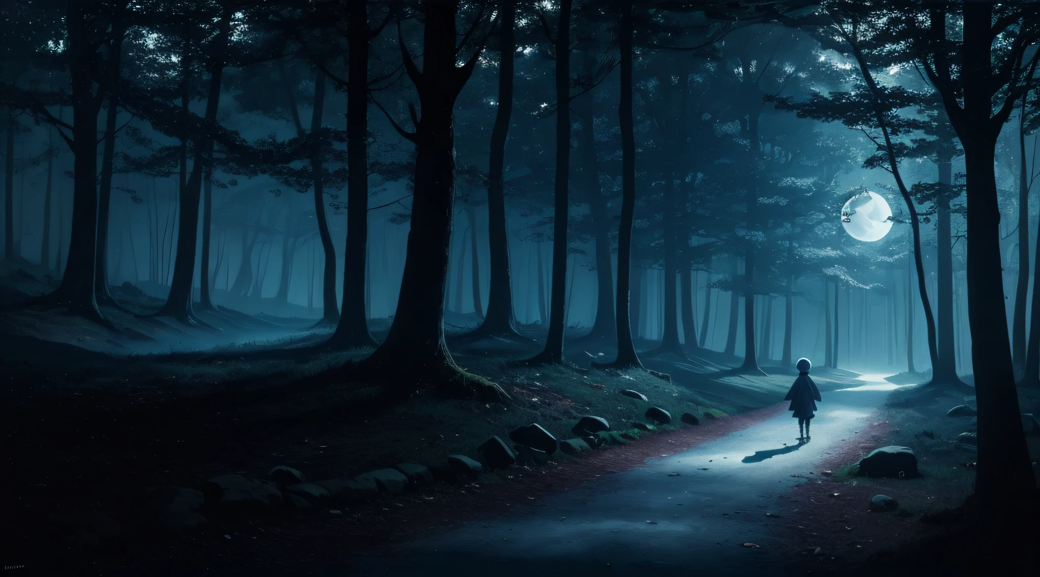 landscape. Dark blue image filters. Children run along the path from the viewer. Creepy Forest. letho. The moon is shining brightly. Realistic lighting. Atmospheric shadows. shadow play. dread. beste-Qualit. work of art. Artist's painting : Cape Albert