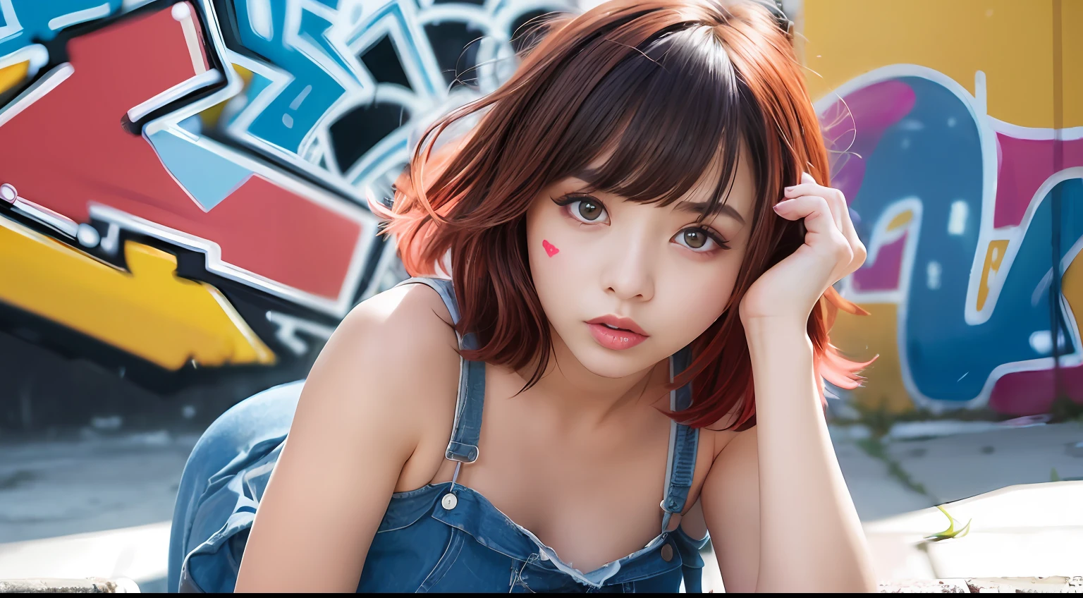 (top-quality、amazing detailed:1.4)、masterpiece、Original Characters、Natural volume lighting and best shadows、Deep Depth Of Field、foco nítido、Portrait of amazingly beautiful petite girl、full body Esbian、alluring yellow eyes、Sharp eyeliner、seducting smile、Windswept disheveled brown hair、Medium twin-tailed hairstyles with thick layers、Blush eyeshadow with thick eyelashes、cparted lips、Open Furry Court、Denim Short Dress、(Messy painted body:1.05)、(graffiti murals wall background:1.15)、Old industrial area、(Ruined Street Crossword:1.2)、、painting-like、shorth hair、((red blush))、in her 20s